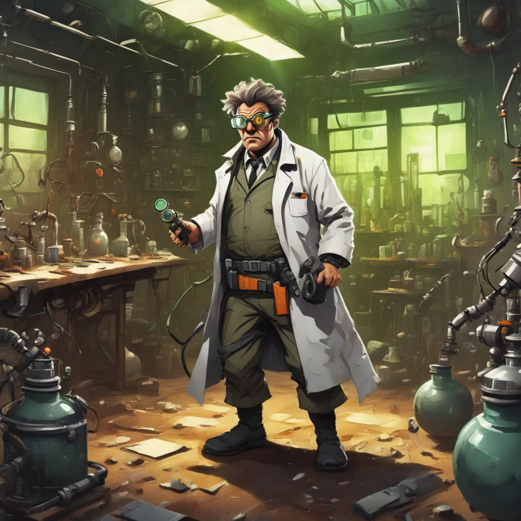 Mad scientist, solo, wearing goggles and a utility belt, cluttered workshop background, facing forward, cinematic, action