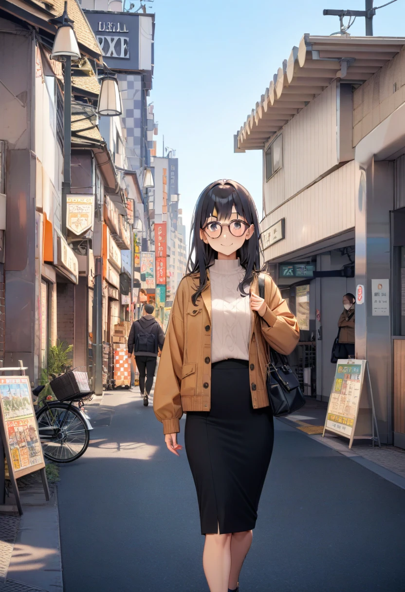 masterpiece, best quality, very aesthetic, absurdres,
1girl, solo, glasses, black hair, long hair, jacket, skirt, black bag, smile, looking at viewer, solo focus,
uguisudani_kitaguchi, storefront, scenery, bicycle, real world location, outdoors, street, road, sky, day, city, building, multiple boys, blue sky, 6+boys, sign, walking, lamppost
<lora:uguisudani_kita_SDXL_V2:1>