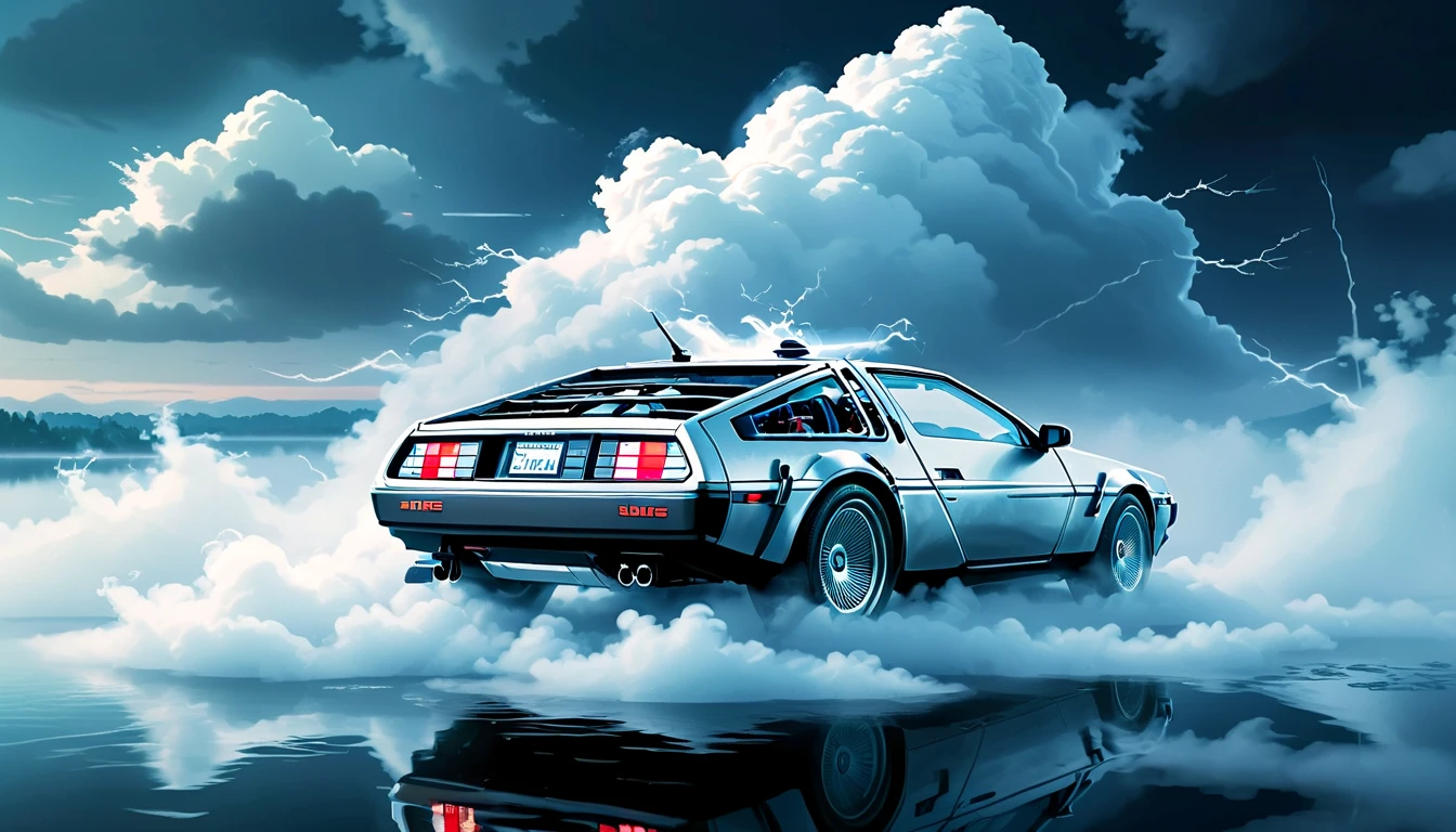 anime illustration of a mdfg giant cloud delorean made of fog looming over a lake <lora:anime_fog_creatures-000019:1>