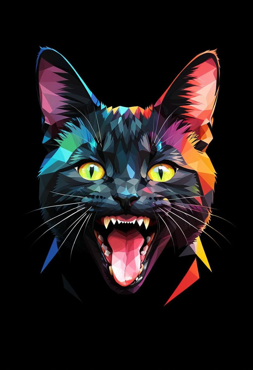 lwpztxxs, no humans, open mouth, solo, tongue, fangs, simple background, animal focus, looking at viewer, cat, black background, tongue out, animal, prismatic, low poly, vector art, geometric, vector illustration, flat colors