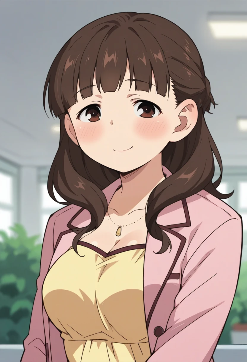 score_9, score_8_up, score_8, source_anime, 1girl, <lora:MarinaSugisaki:0.85> , solo, brown eyes, brown hair, long hair, yellow dress, pink jacket, dark pantyhose, breasts, blush, smile, upper body, 
bedroom background, blurry background,