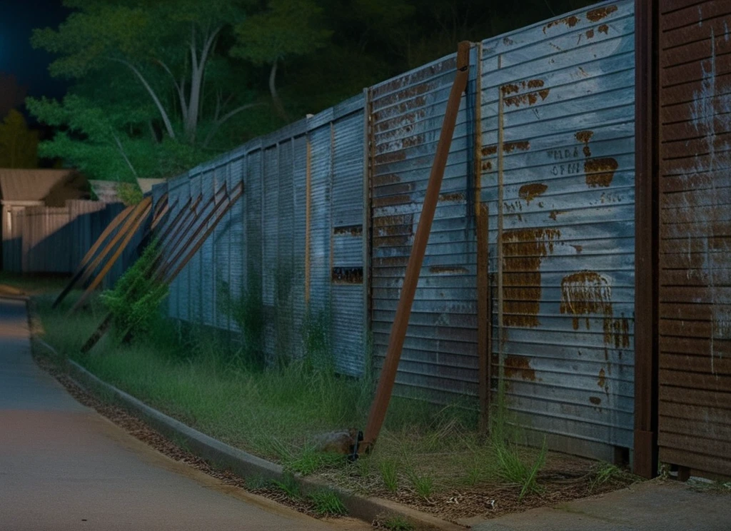 cinematic movie still of TWDAlexandriaWall, woodland, rusted metal, angled supports, old southern homes at night, dirty street, hyperdetailed, shallow depth of field, f1.4,  <lora:TWDAlexandriaWall:1>