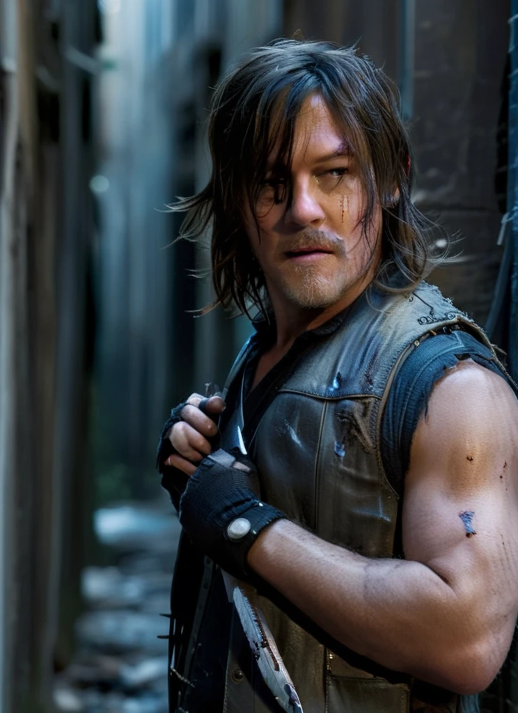 cinematic still of TWDDaryl, gripping knives, damaged and weathered vest, fingerless gloves, looking over shoulder, unshaven, dirty hair, abandoned buildings at night, dirty street, hyperdetailed, shallow depth of field, f1.4, <lora:TWDDaryl:1.0>