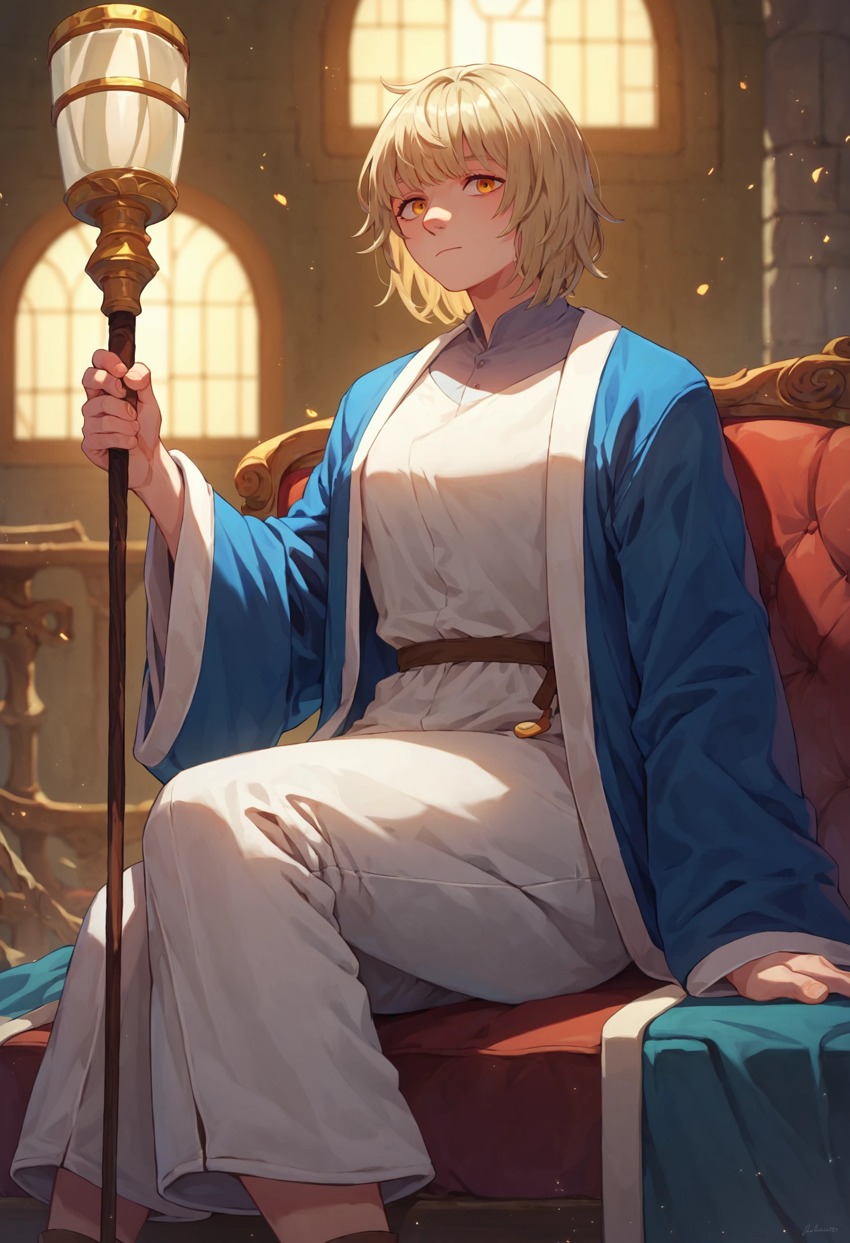 score_9_up score_8_up score_7_up, 1girl falin, blue jacket shirt robe white pants wide sleeves, sitting, holding staff, [lamp::0.3]
<lora:falin_marcille_pony_d16:1>