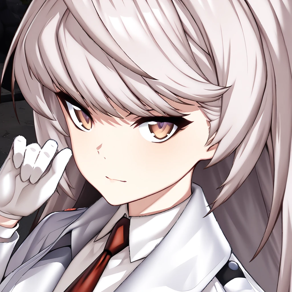 (masterpiece),(best quality),(ultra-detailed),(best illustration),(best shadow),(absurdres),(detailed background),(very aesthetic),hilde, 1girl, solo, necktie, gloves, red necktie, white gloves, long hair, looking at viewer, close-up, bangs