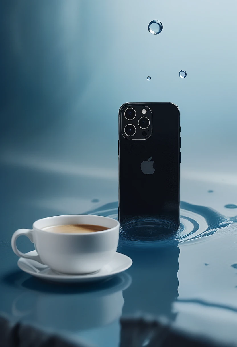 📱☕💧, The fusion of modernity and nature, the harmonious coexistence of technology and water drops, the soft natural light shines between the two, creating a quiet atmosphere, cold colors dominate the entire picture, dark blue and gray are intertwined, and the smartphone screen The blue light is in sharp contrast with the water droplets on the coffee cup. The calmness of technology and the gentleness of nature meet here. Simple and exquisite, the smartphone and the coffee mug are placed side by side, and the water droplets gently slide down between them. <lora:mug_α:0.5> <lora:unit_iPhone:0.8>