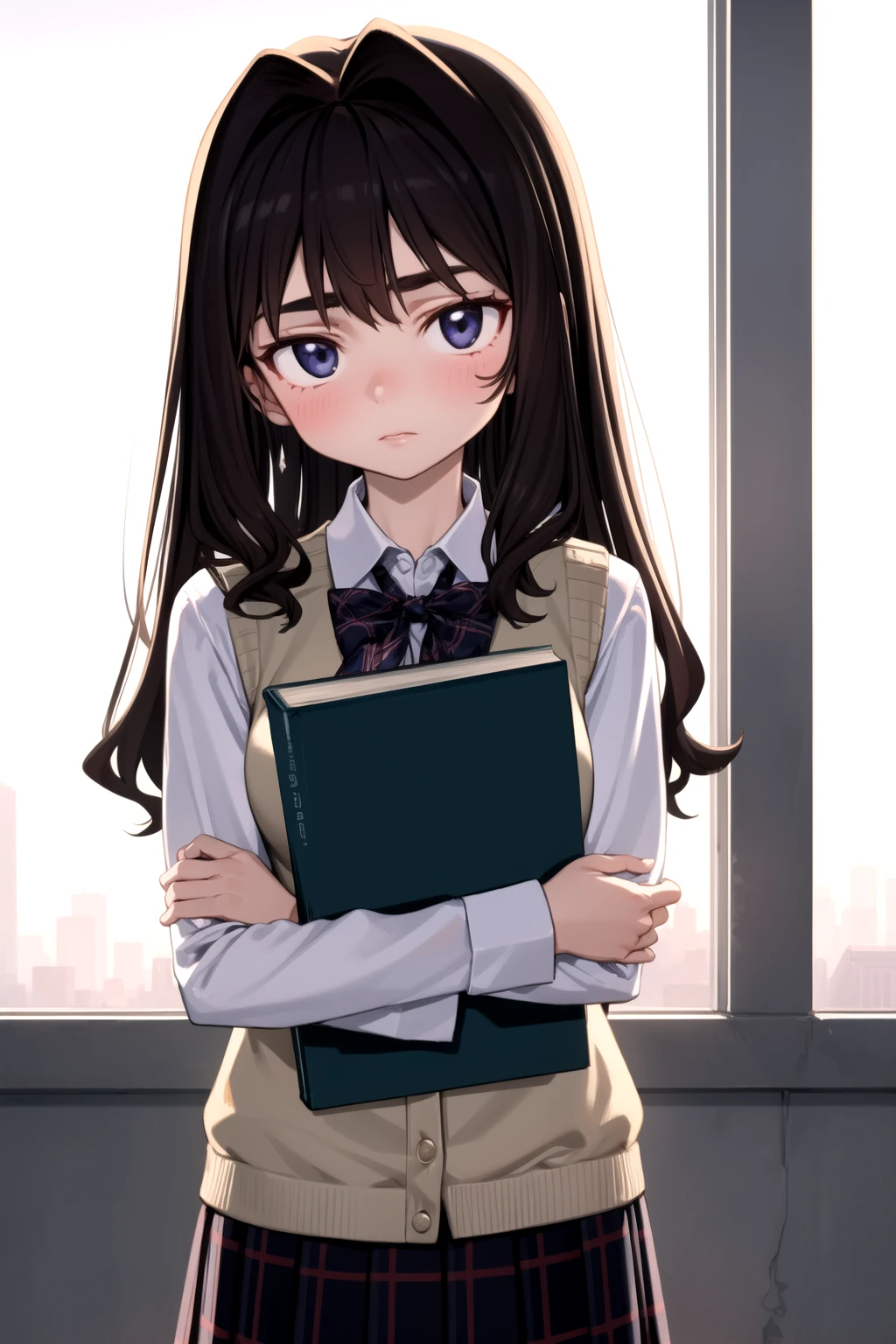 <lora:elisia_valfelto_v0.7:1>
1girl, elisia valfelto, school uniform, sweater vest, purple skirt, plaid skirt, holding book, book hug, backlighting,, masterpiece, best quality, highly detailed