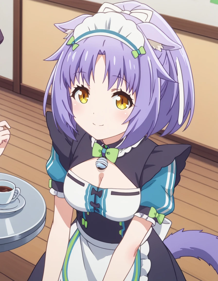 score_9, score_8_up, score_7_up, source_anime,
nekoparacinnamon, <lora:nekopara-cinnamon-s1-ponyxl-lora-nochekaiser:1>,
cinnamon, short hair, animal ears, yellow eyes, purple hair, cat ears,
dress, bow, tail, short sleeves, frills, bowtie, apron, cat tail, maid, maid headdress, bell, cat girl, waist apron, jingle bell, neck bell, waitress, cleavage,
indoors, cafe, bent over, smile,
looking at viewer, solo, cowboy shot, dutch angle,