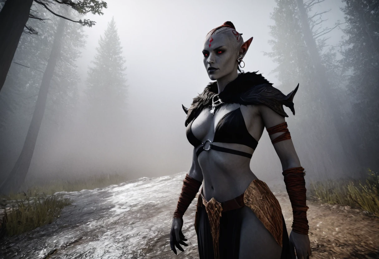 Unreal Engine 5 Render, breathtaking female Dunmer, necromancer, solo, (black robes), hooded cloak, (grey skin), red eyes, dynamic angle, woodlands, mist, at night, casting spell, magic, gloomy atmosphere, foreboding, ominous, intricate face tattoos, small breasts, detailed textures, complex lighting, particle effects, ENB Series, raytracing, high resolution, trending on artstation, detailed facial features, 
 <lora:Dunmer:1>