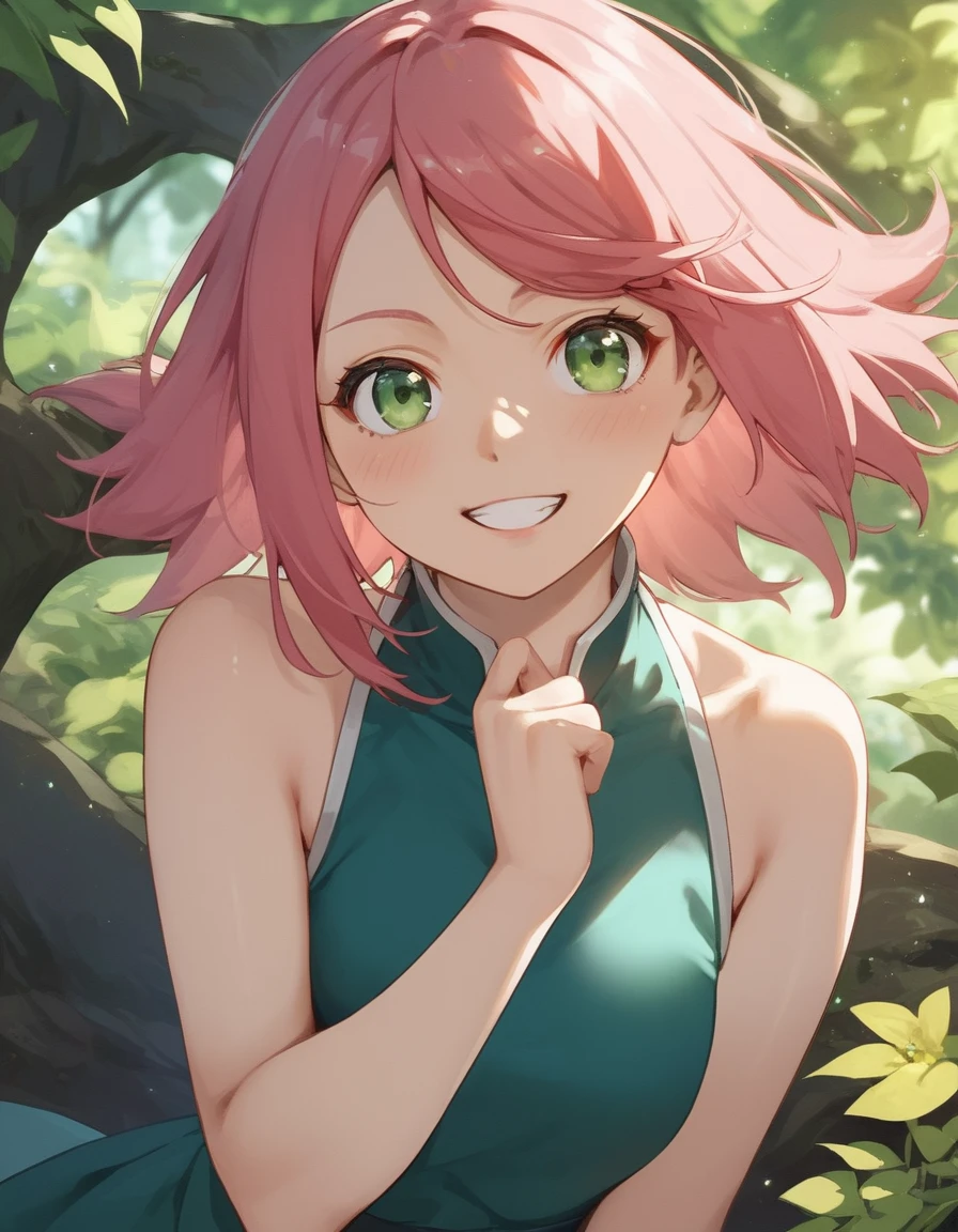 [score_9, score_8_up, score_7_up, score_6_up, score_5_up, score_4_up],sakura haruno, [from naruto],anime, pink hair,[green eyes],shippuden, [red asian dress],[Studio Pierrot],[face closeup],[nature background]