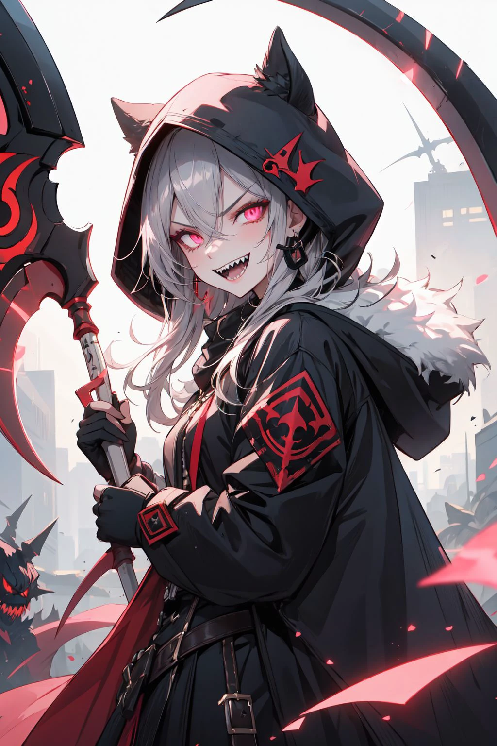 1girl, scythe, solo, sharp_teeth, holding, teeth, hood, pink_eyes, open_mouth, horns, smile, long_hair, ring, hood_up, gloves, holding_scythe, looking_at_viewer, weapon, holding_weapon, black_gloves, glowing_eyes, jewelry, fur_trim, glowing, hair_between_eyes, fingerless_gloves, building, grey_hair, (neon), (evil smile:1.4), evil <lora:kip-02:0.6>