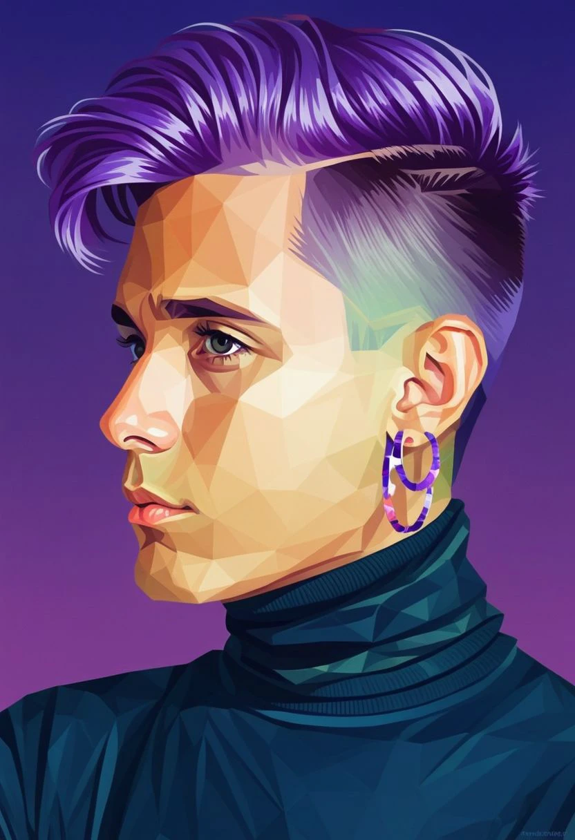 lwpztxxs, 1boy, solo, male focus, jewelry, earrings, purple hair, pompadour, turtle neck, hoop earrings, prismatic, low poly, vector art, geometric, vector illustration, flat colors, masterpiece, best quality