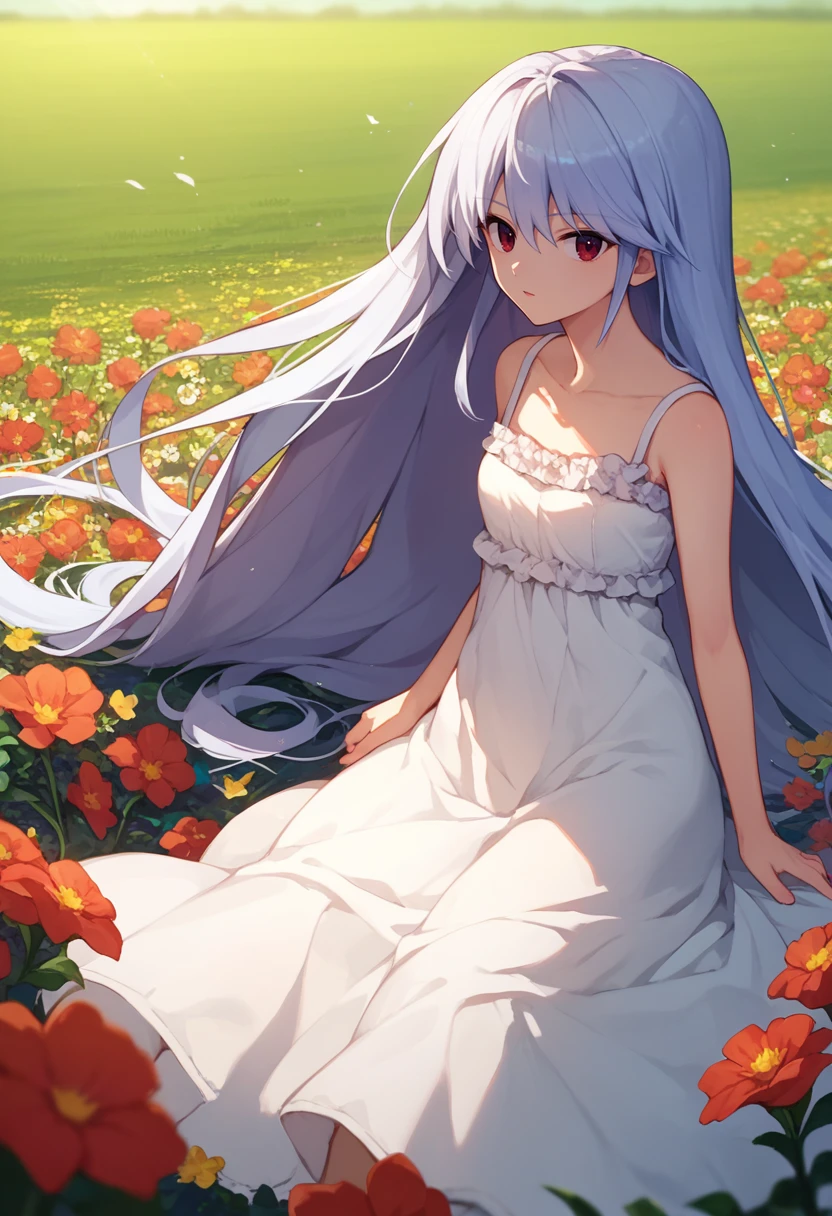 score_9, score_8_up, score_7_up, 1girl, Kazuki, silver hair, long hair, red eyes, white sundress, flower field, <lora:Kazuki Dora V2-000009:1>