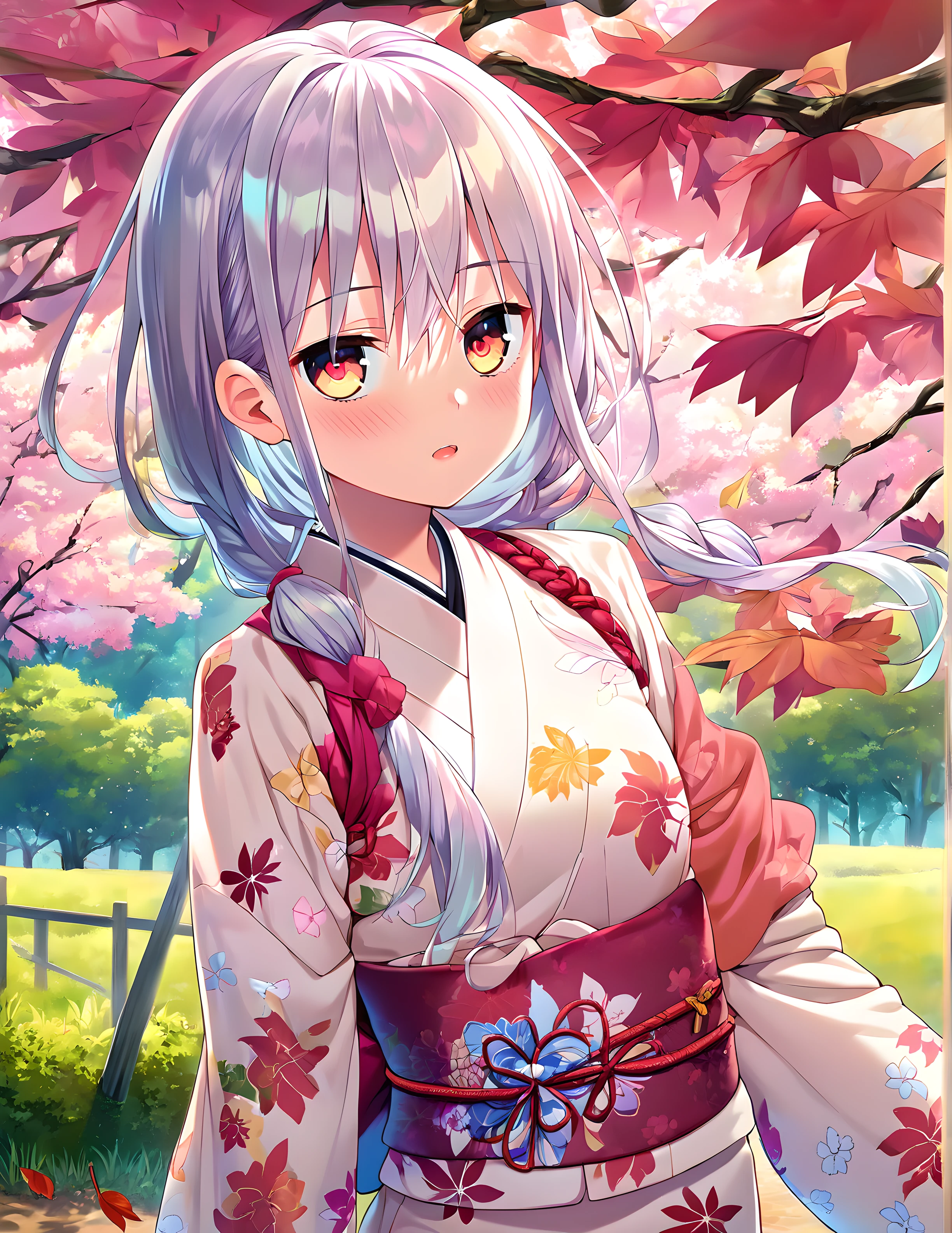 <lora:pony_xl_Fumino:0.8>,Fumino,score_9,score_8_up,score_7_up,source_anime,1girl,solo,looking at viewer,japanese clothes,print kimono,floral print,wide sleeves,obi,open mouth,light_blush,day,nature,grove,falling leaves,the dappled sunlight that filters through the leaves of trees,sunny weather writing,strong rim light,lens_flare,hair fluttering in the,cowboy_shot,