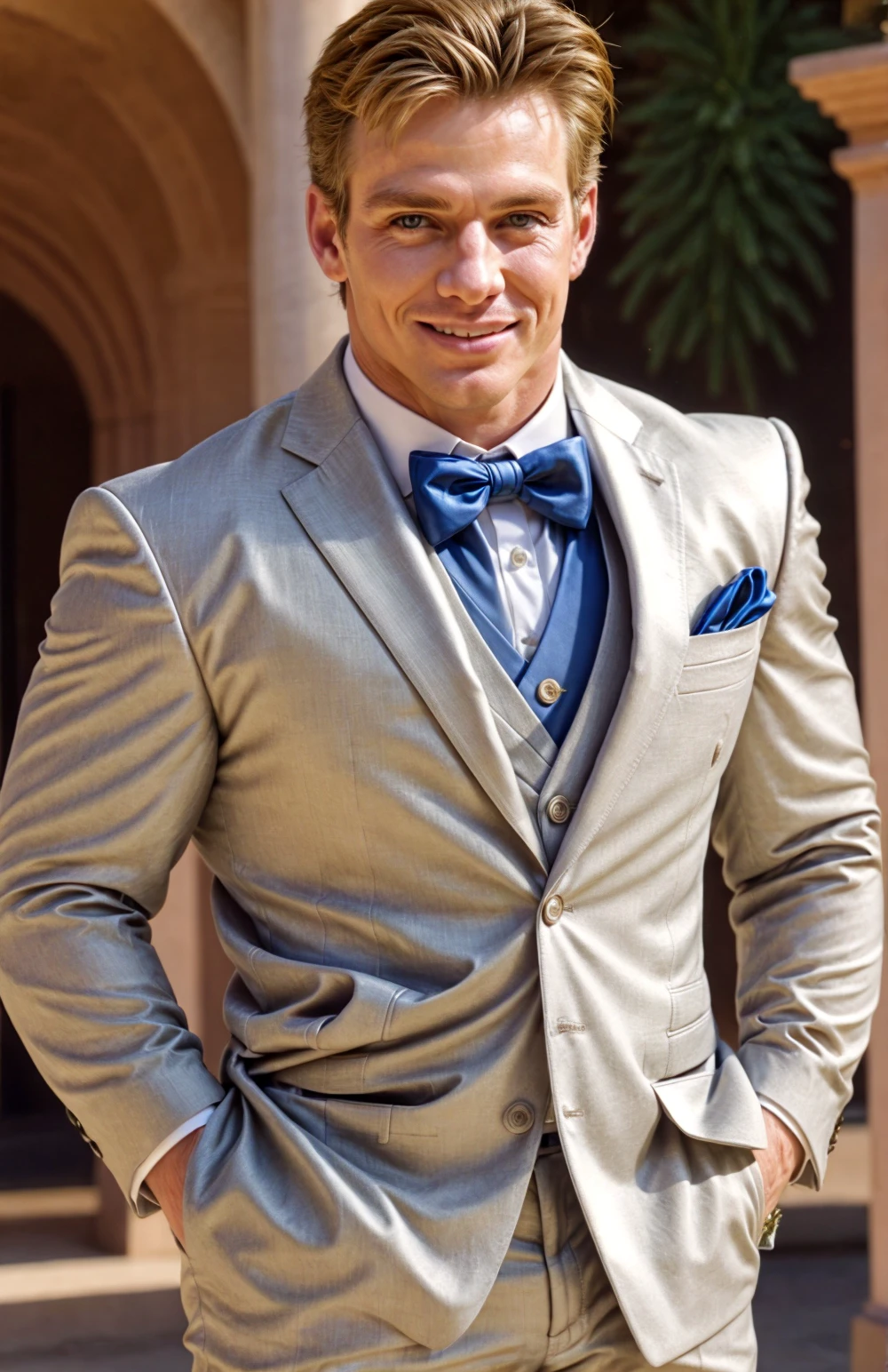 (face focus). (close up shot:0.01), <lora:BulkedUpAIR1.5:0.3>, (masculine:1.4), at outdoor sunny wedding, ((muscular man wearing designer formal suit)), sexy pose:1.0, confident, handsome, (((masterpiece))), (((best quality))), <lora:more_details:0.5>, (hands on waist), male, athletic, looking at viewer, smile, big pecs:1.2, MichaelActorBiehn, <lora:MichaelActorBiehn (1):1>