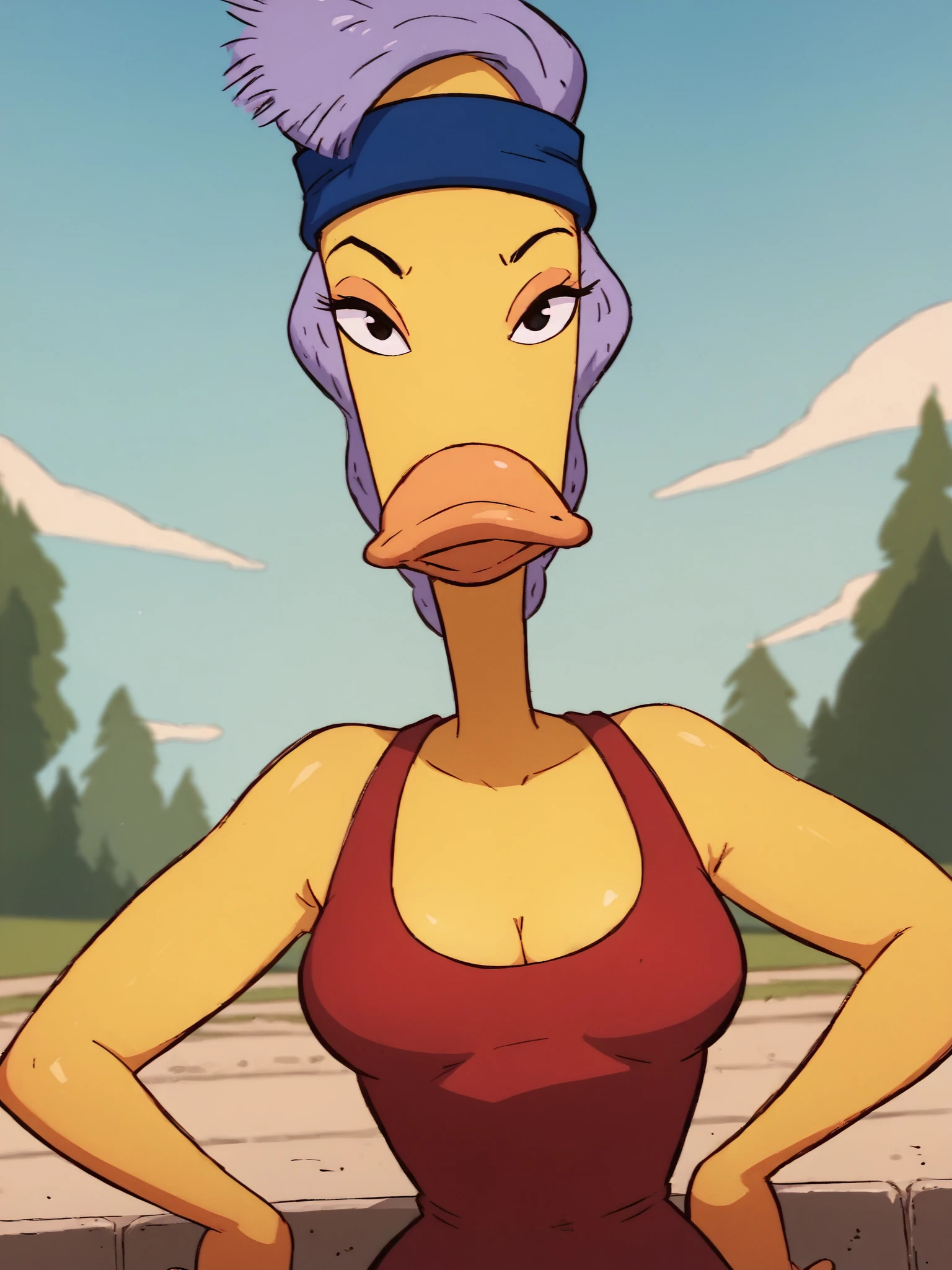 <lora:BerniceHufnagelPony1.0:0.85> bernice, beak, duck, yellow skin, purple hair, 1girl, solo, breasts, red leotard, blue headband, looking at viewer,upper body , outdoors, score_9, score_8_up, score_7_up, score_6_up, score_5_up, score_4_up