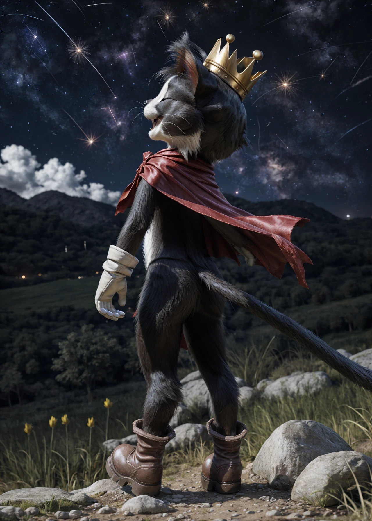 detailed background, amazing background, 3d \(artwork\), photorealism, real, realistic, detailed, detailed fur, fluffy BREAK
outside, field, grass, hill, flower, shrub, dirt, rock, (night, darkness, dark theme:1.24), moon, moonlight, cloud, starry sky, (shooting star:1.21), solo, (three-quarter view:1.25), rear view, (side view:0.7) BREAK
<lora:Cait_Sith:1> caitsithff7, feline, eyes closed, black nose, crown, red cape, cape, white gloves, brown shoes, head tuft, ear tuft, featureless crotch, long tail, thin tail, tail tuft, cheek tuft BREAK
(tiptoes:1.25), (leaning forward:1.21), spread arms, open mouth, legs together, looking up, surprise, amazed, raised eyebrows, [hands behind back::10]