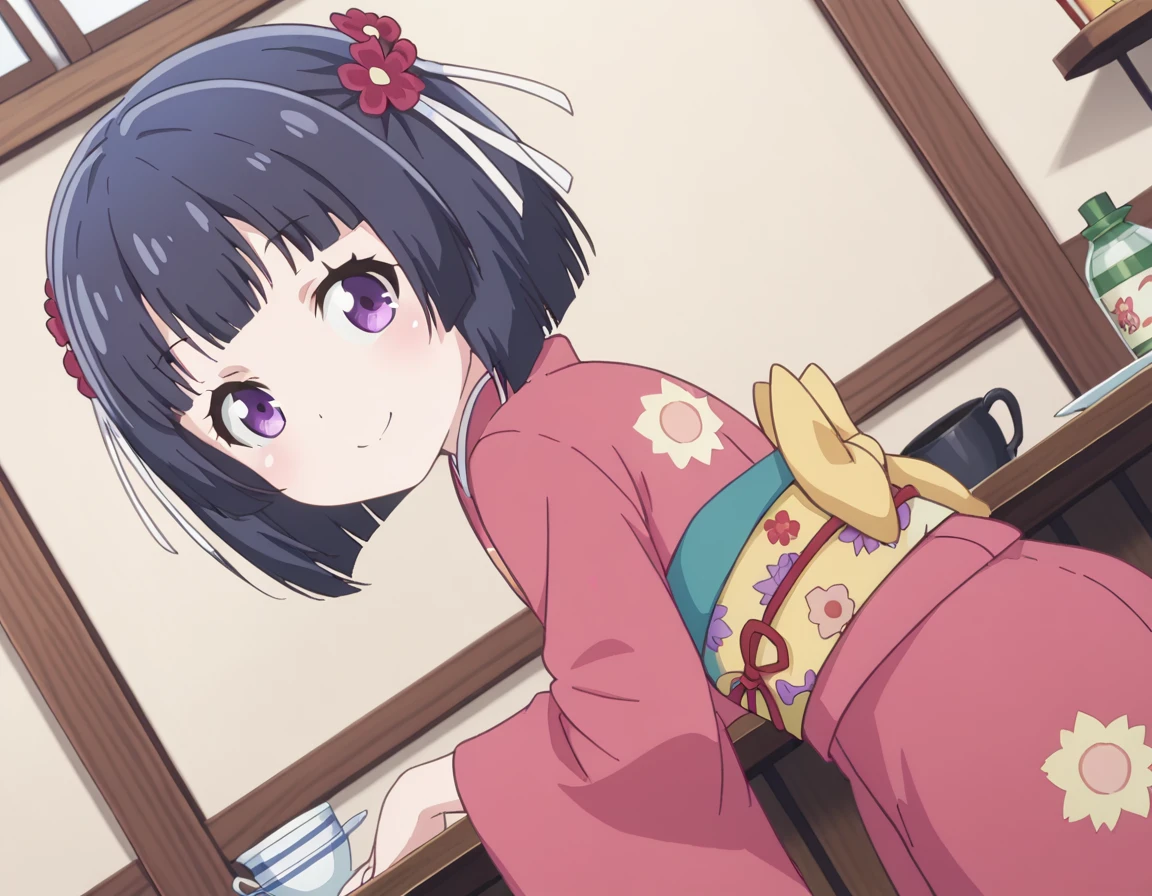 score_9, score_8_up, score_7_up, source_anime,
shigureminazuki, <lora:shigure-minazuki-s1-ponyxl-lora-nochekaiser:1>,
shigure minazuki, short hair, bangs, black hair, hair ornament, black hair, purple eyes, hair ribbon, flower, hair flower, red flower,
long sleeves, japanese clothes, wide sleeves, kimono, sash, obi, floral print, print kimono, pink kimono,
indoors, cafe, smile, bent over,
looking at viewer, solo, cowboy shot, dutch angle,