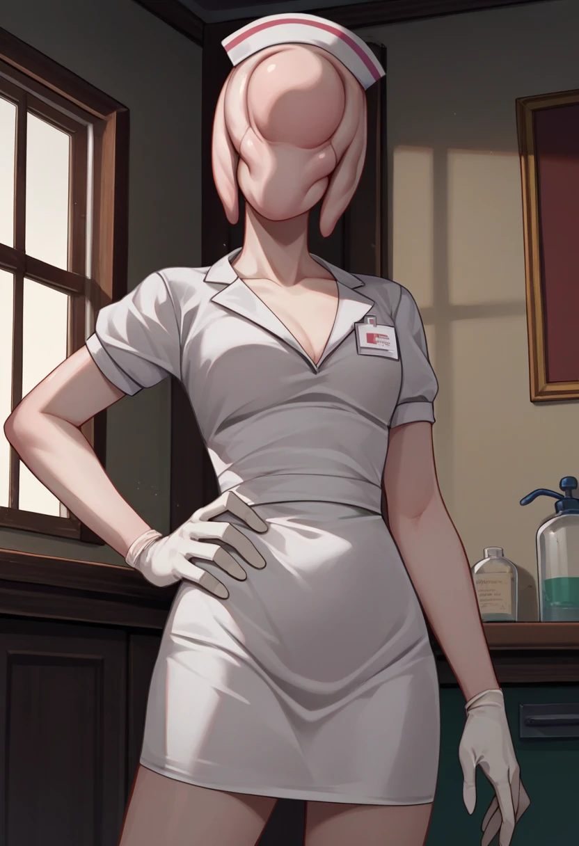 score_9, score_8_up, score_7_up, source_anime, horror \(theme\), solo, 1girl, bubbleheadnurse, monster girl, faceless female, looking at viewer, contrapposto, hand on own hip, nurse cap, no eyes, white dress, short dress, short sleeves, white gloves, indoors <lora:silenthill2_bubbleheadnurse_ponyXL:1>