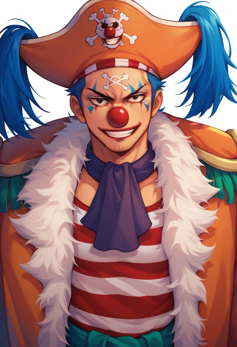 score_9, score_8_up, score_7_up, source_anime, solo, 1boy, Buggy, blue hair, black eyes, clown nose, clown makeup, pirate hat, orange coat, red and white striped shirt, chin hair, middle aged man, crooked smirk, pectorals, man, portrait, close up, standing, looking at viewer, standing, white background