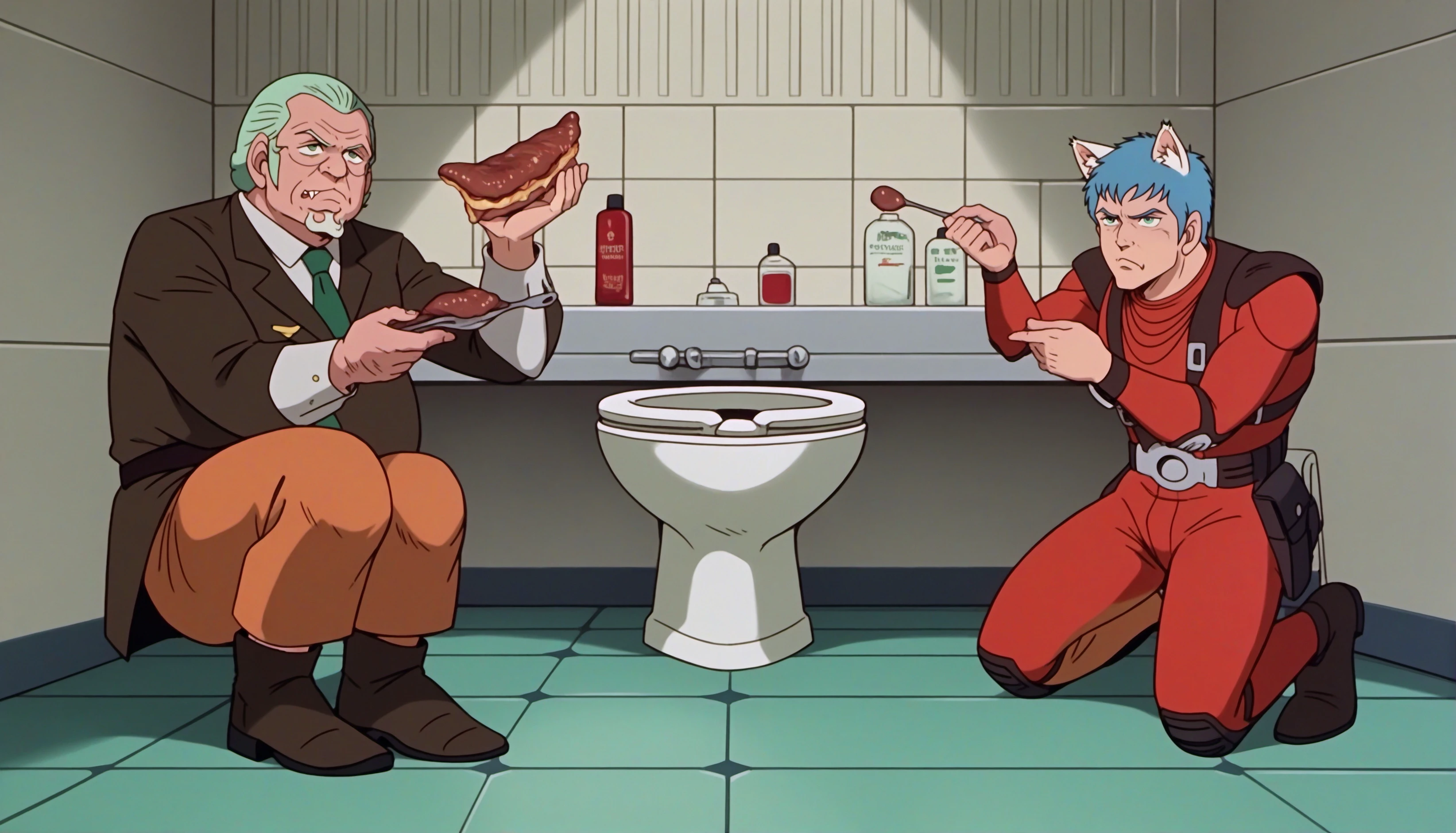 (GZND79:0.8), (score_9, score_8_up, score_7_up, score_6_up, source_anime:0.7), 1boy, catboy, sitting on toilet, eating steak, ringed eyes, scowl, short ponytail, rainbow hair, underbust, bike shorts, necktie, old man, emblem, alchemist's laboratory, bubbling potions, shelves of ingredients, mysterious experiments, white animal ear fluff