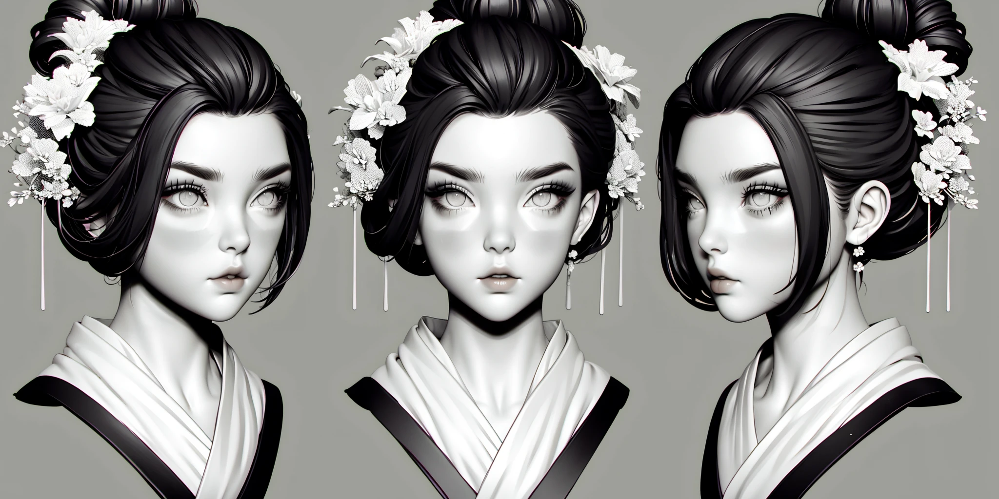 monochrome, HEZI, Three views, modeling, Hair, girl, avatar, 1girl, hair ornament, multiple views, flower, greyscale, grey background, hair flower, earrings, closed mouth, jewelry, simple background, japanese clothes, hair bun, single hair bun, portrait, lips, eyelashes, chromatic aberration, looking at viewer, realistic, kimono, hair stick, updo, nose, makeup, looking away, hair pulled back, kanzashi, parted lips, variations, upper body, looking to the side, bangs, expressionless, cropped shoulders, no pupils, short hair, eyeliner, white eyes, cropped torso<lora:建模头åä¸è§å¾-000008:0.8>,