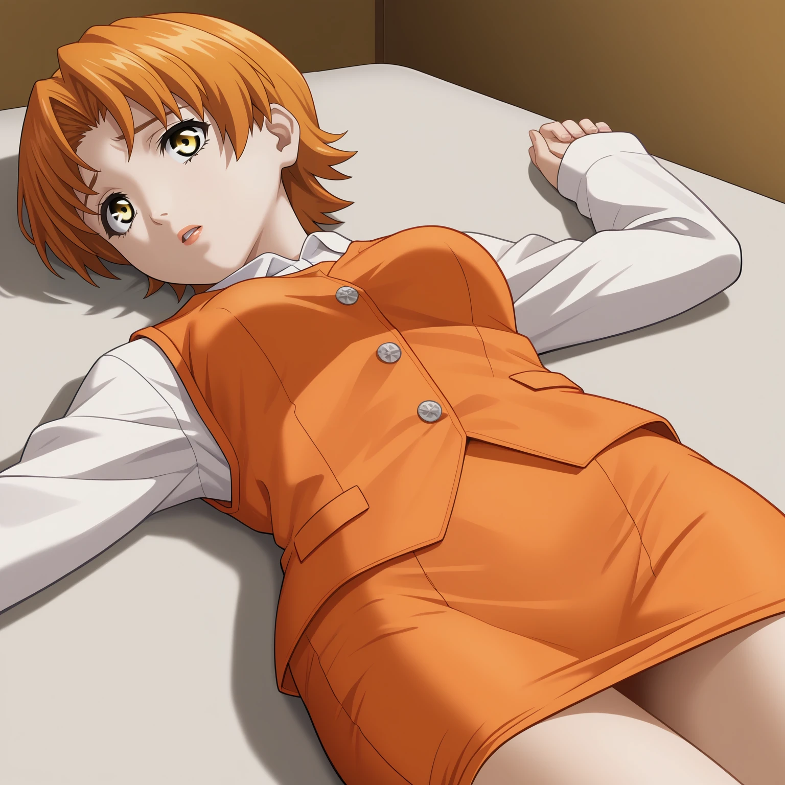 <lora:MayumiFujiyamaXLpony001>,
parted lips,
solo,
MayumiFujiyama,1girl,orange hair,short hair,yellow eyes,
medium breasts,
white shirt,long_sleeves,orange vest,
orange pencil_skirt,
on back,