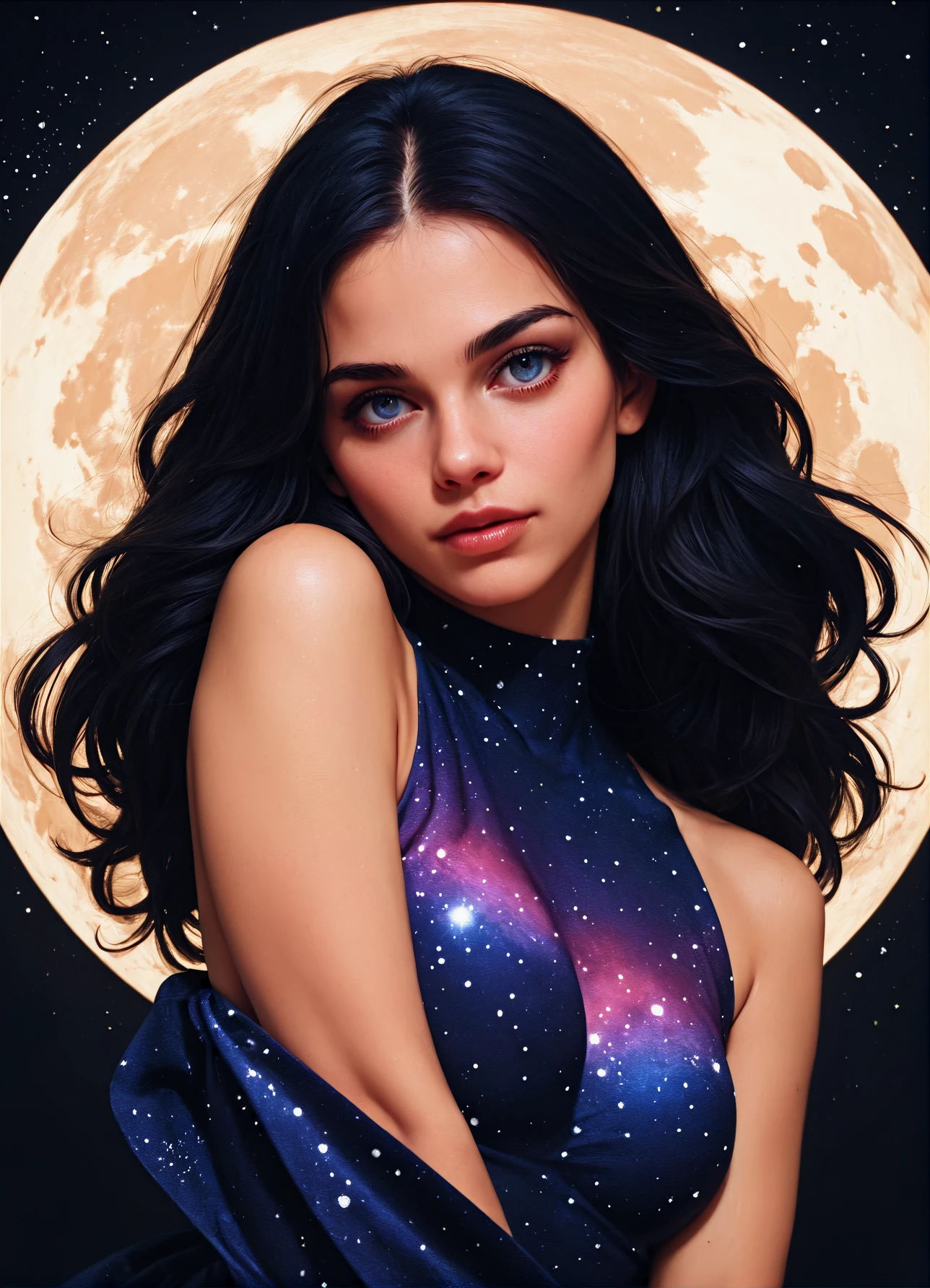 close-up, head and shoulders portrait of Zooey Deschanel with long, wavy, black hair, wearing a skimpy, tie dye, sting bikini, extremely colorful, planets and stars, and galaxies in the background, multicolored lightning, fog, clouds, Oil painting on canvas in the art style of Frank Frazetta