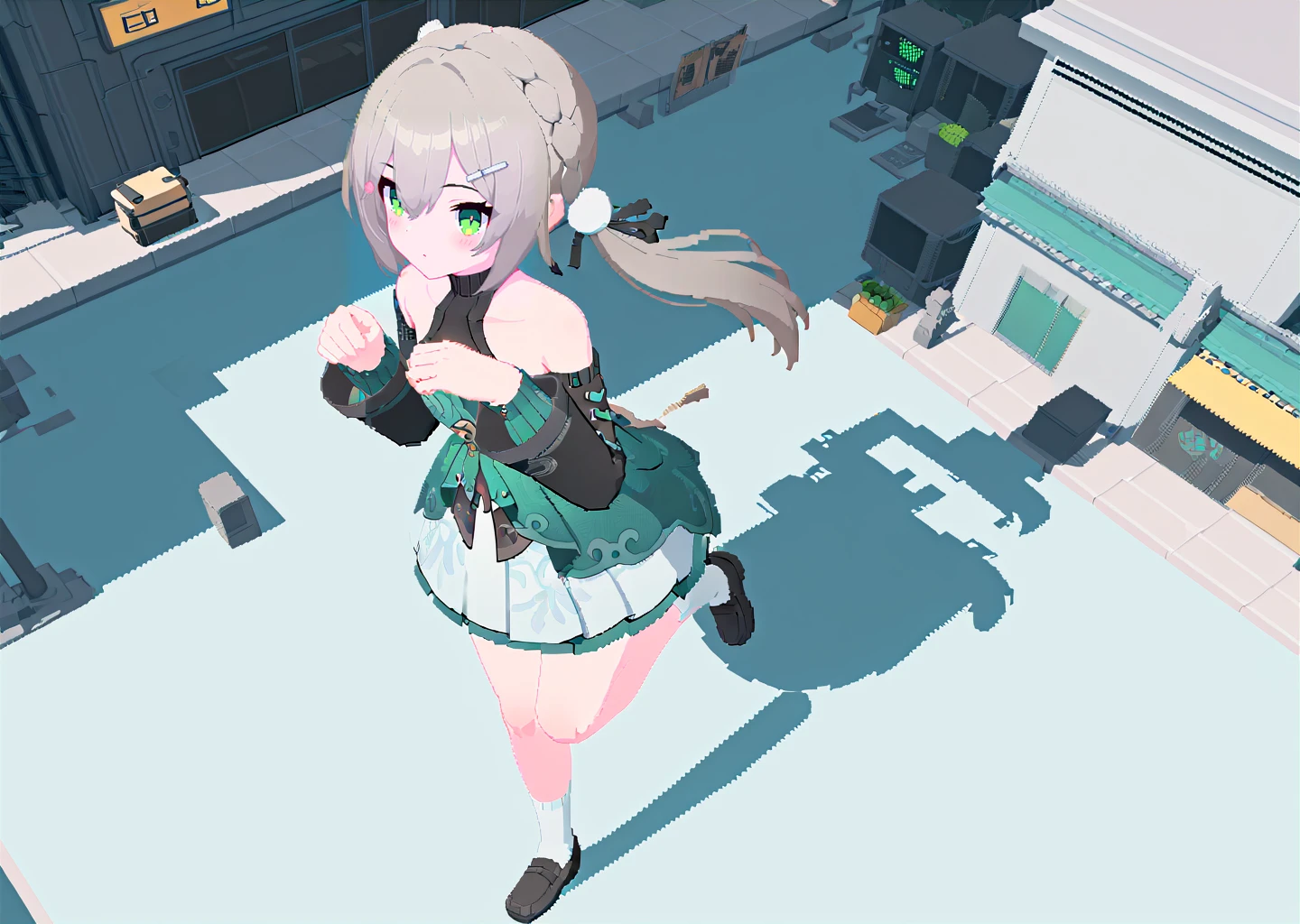 (city), (cyberpunk), solo, 3d, pixel art,
paw pose, hands up, dynamic pose, running, from above,
qingque60, digital art,
1girl, solo,
grey hair, twintails, pom pom hair ornament,
own hands together,
detached sleeves, long sleeves,
green dress, white skirt,
bare legs,
white socks,
black loafers,
green eyes, blush, =_=, expressionless, full body,
<lora:qingque60-you-014:0.65>