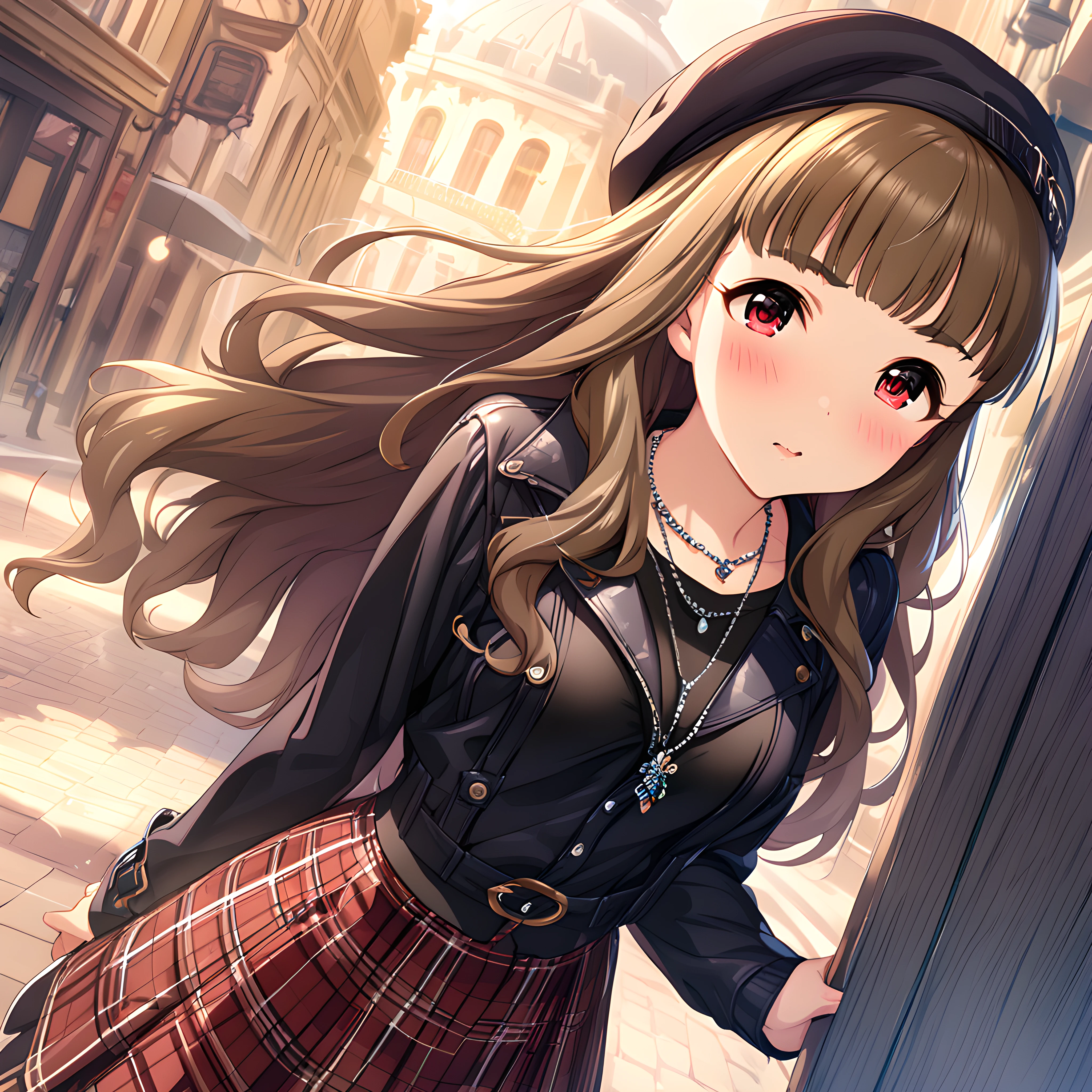 (masterpiece),(best quality),(ultra-detailed),(best illustration),(best shadow),(absurdres),(detailed background),(very aesthetic), nao kamiya, 1girl, red eyes, long hair, jewelry, brown hair, hat, skirt, solo, blush, necklace, casualoutfit<lora:Nao_Kamiya:1>