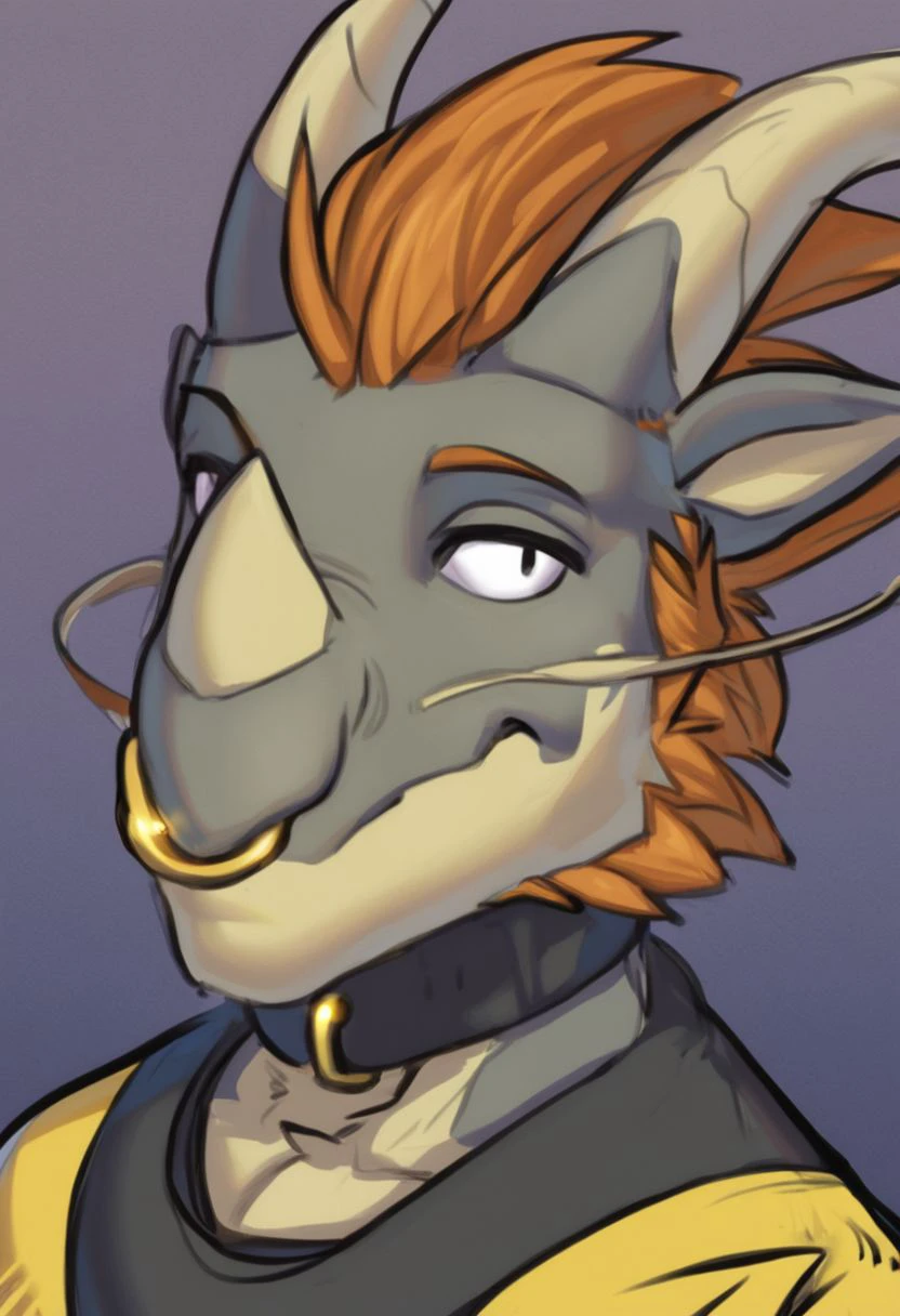 gorelion, dragon, furry, anthro male, male solo, orange hair, gray skin, yellow skin, nose horn, horns, nose ring