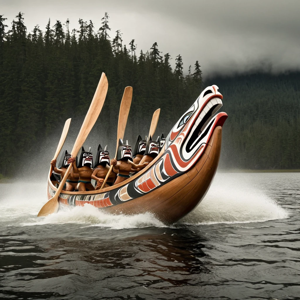 many Haida canoe on stormy lake, several Haida eagle attacking, Salish orca leaping off water, warrior with wolf masks in canoe, daylight, masterpiece, ultra detailed, realistic