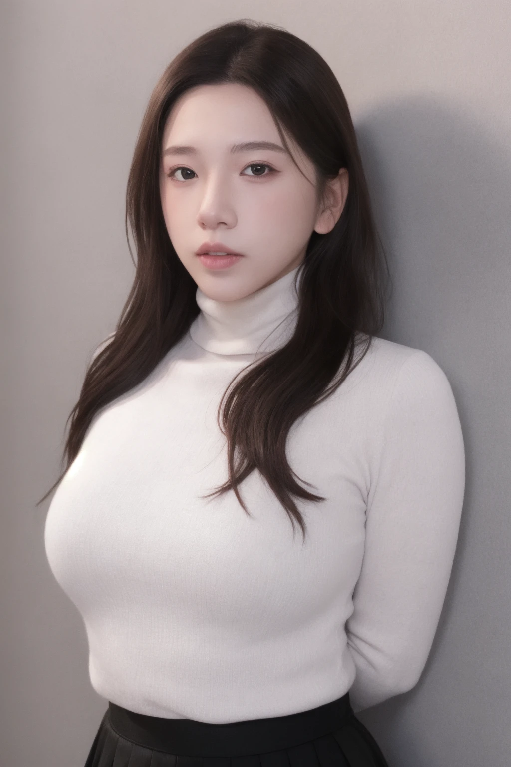 masterpiece, high quality,1girl, upper body, turtleneck, skin tight, large breasts, blush, half-closed eyes, skirt hold, arms behind back,
<lora:bbytia_v2:0.5> <lora:ip-adapter-faceid-plusv2_sd15_lora:0.6>