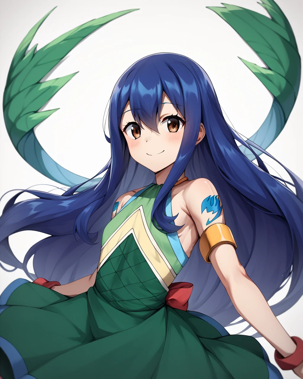 score_9, score_8_up, score_7_up, score_6_up, score_5_up, score_4_up, BREAK source_anime,
<lora:Wendy_Marvell_PONY:1>,Wendy Marvell, 1girl, solo, blue hair, long hair,hair between eyes,brown eyes,green dress,bare shoulders, armlet,tattoo,smile