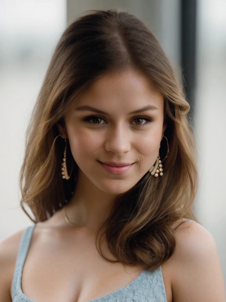 Realistic photo of a beautiful 3r1nm0 woman, 1girl, solo, long hair, looking at viewer, smile, blonde hair, brown hair, brown eyes, jewelry, upper body, earrings, sleeveless, lips, blue background, realistic, soft lighting, professional Photography, Photorealistic, detailed, RAW, analog, sharp focus, 8k, HD, DSLR, high quality, Fujifilm XT3, film grain, award winning, masterpiece<lora:3r1nm0:1.0>