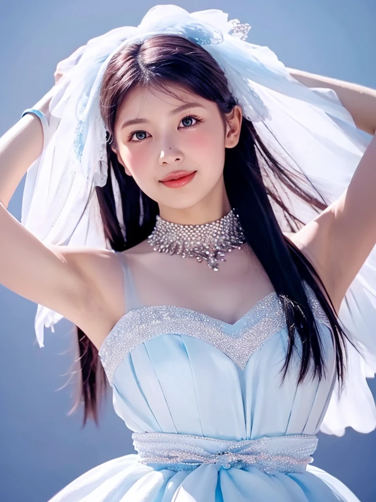 (masterpiece, best quality:1.4), 8k, highres, shiny skin, lips, super detailed skin, detailed beautiful face and eyes, spotlight, professional lighting, brown eyes, white skin, light blue dress, jewelry, full body, dancing, dance costume, kooo123, close up <lora:ILLIO_MOOO_v1:0.8>