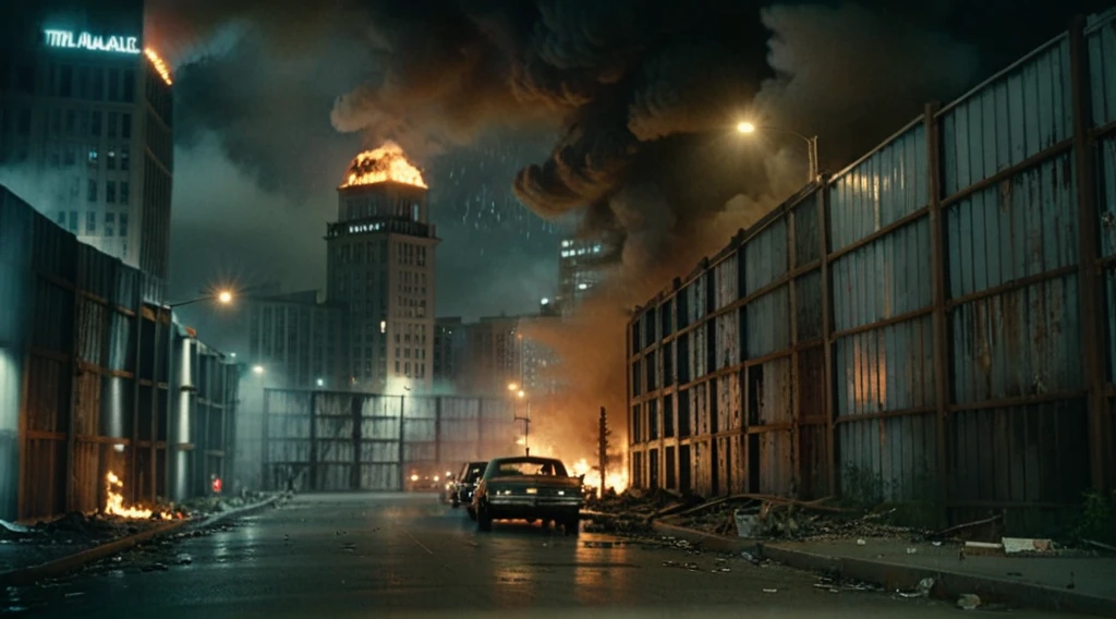 cinematic movie still of a city at night in the apocalypse, (TWDAlexandriaWall:2) divides the streets, rusted metal, blackout, angled supports, abandoned office buildings tower overhead at night, mushroom cloud, fires burn inside, dirty street, billowing smoke, dense fog, shallow depth of field, f1.4, film look, gamma 2.4 <lora:TWDAlexandriaWall:1>