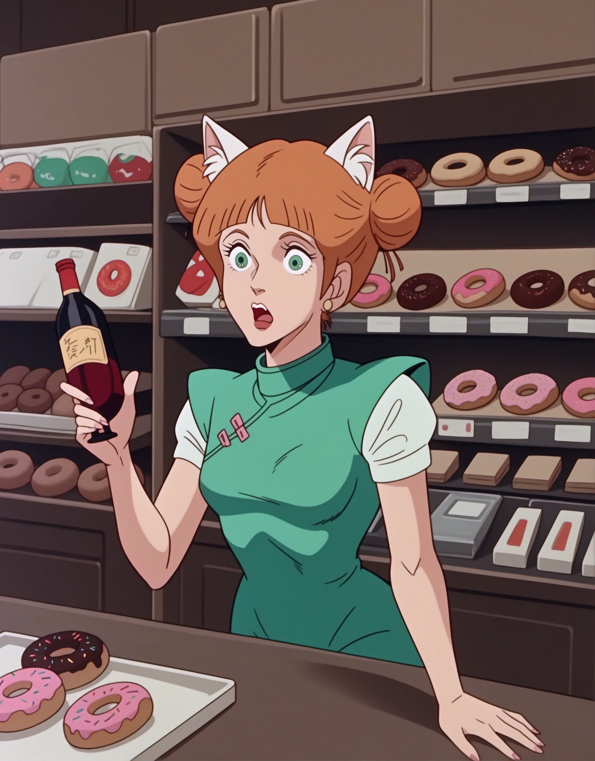 (VZTZMS:0.8), (score_9, score_8_up, score_7_up, score_6_up, source_anime:0.7), 1girl, catgirl, green eyes, surprised, doughnut hair bun, orange hair, turtleneck, china dress, necktie, light, wine bottle, indoors, antique shop, vintage treasures, nostalgia, collectibles, white animal ear fluff