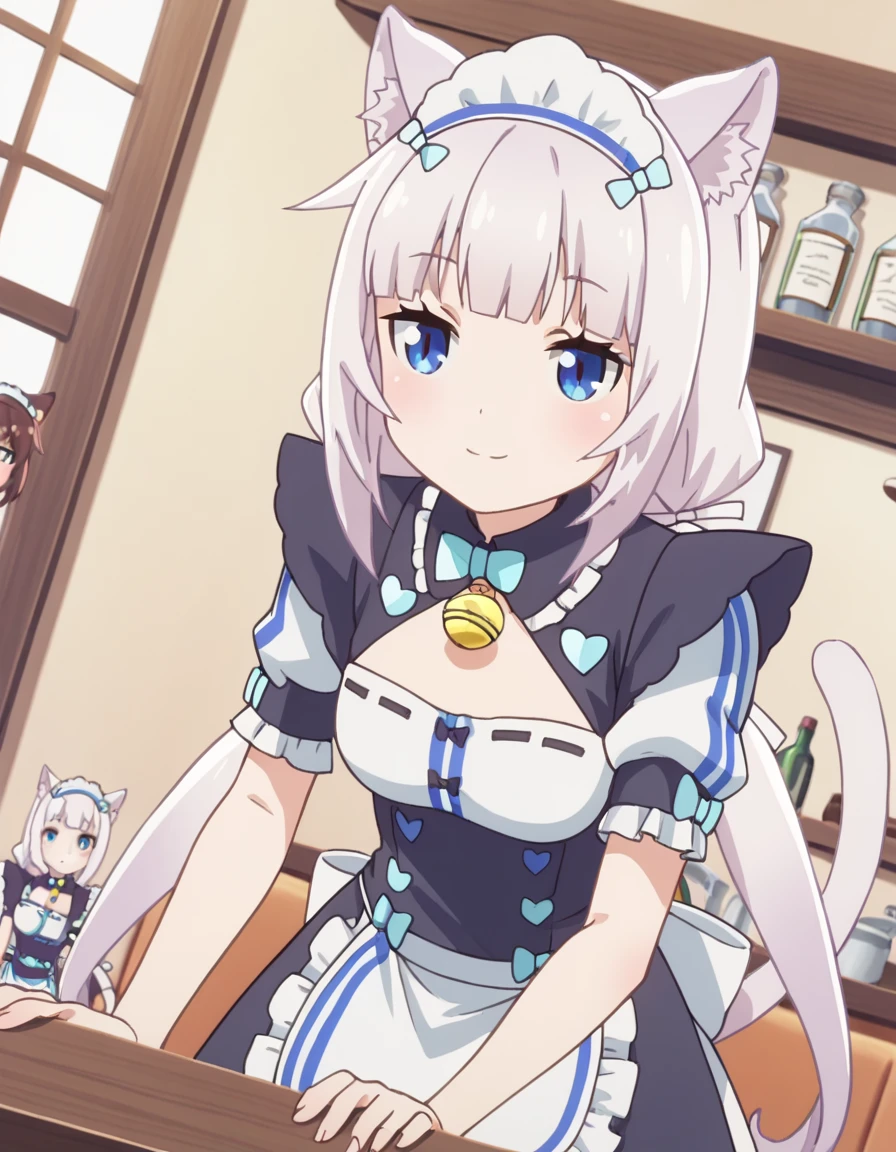 score_9, score_8_up, score_7_up, source_anime,
nekoparavanilla, <lora:nekopara-vanilla-s1-ponyxl-lora-nochekaiser:1>,
vanilla, long hair, bangs, blue eyes, animal ears, twintails, very long hair, white hair, cat ears, blunt bangs, animal ear fluff, low twintails, cat girl,
dress, bow, tail, short sleeves, frills, bowtie, apron, cat tail, maid, maid headdress, bell, cat girl, waist apron, jingle bell, neck bell, waitress,
indoors, cafe, bent over, smile,
looking at viewer, solo, cowboy shot, dutch angle,