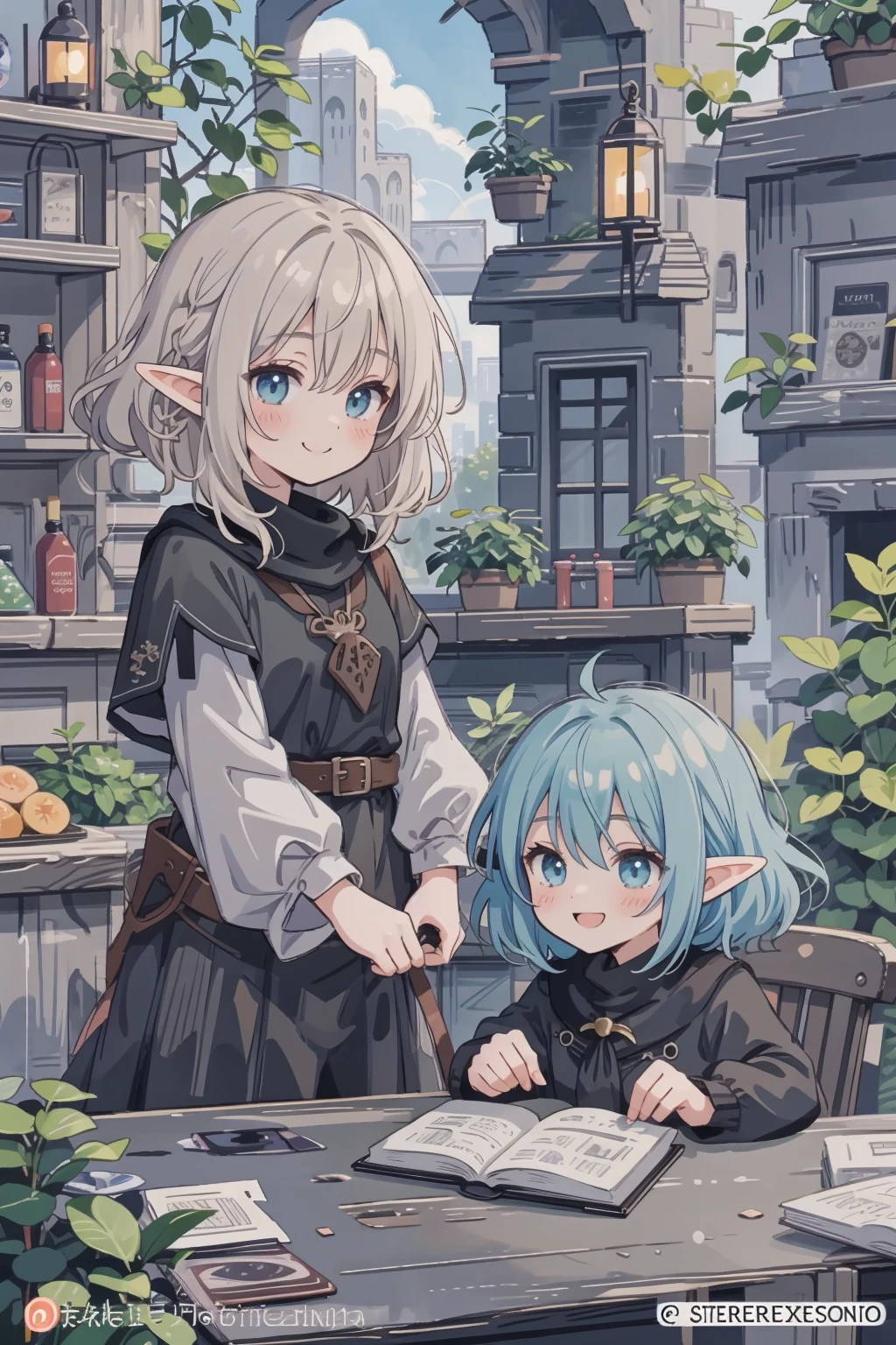 official art, fantasy, 2girls talking  ,elf,  adventurer's guild counter, smile