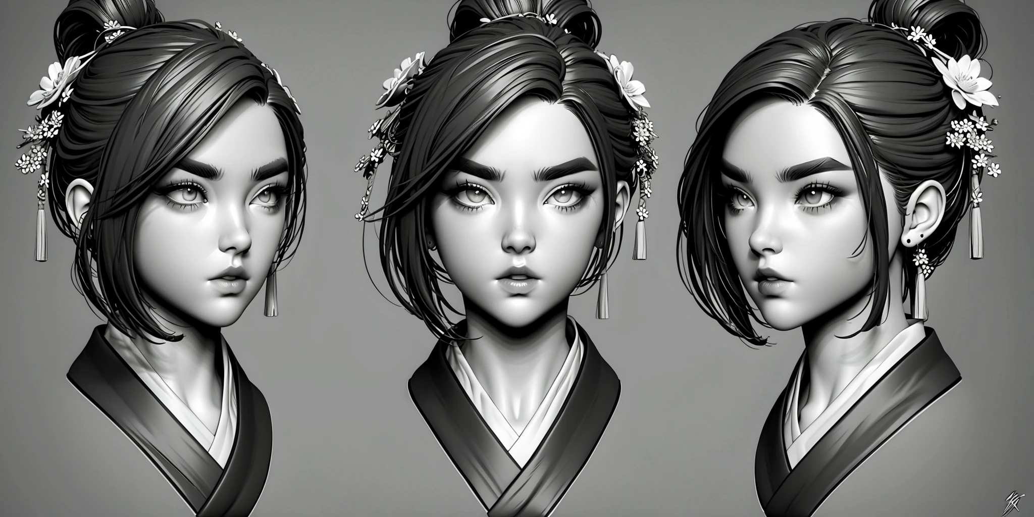 monochrome,HEZI,Three views,modeling,Hair,girl,avatar,1girl,hair ornament,multiple views,greyscale,grey background,hair flower,flower,closed mouth,earrings,bangs,jewelry,cropped shoulders,single hair bun,portrait,hair stick,hair bun,simple background,realistic,looking at viewer,swept bangs,lips,gradient,nose,gradient background,short hair,parted bangs,artist name,sidelocks,thick eyebrows,looking to the side,expressionless,looking away,cropped torso,eyelashes,parted lips,signature,chinese clothes,japanese clothes,upper body,<lora:建模头åä¸è§å¾-000008:0.8>,