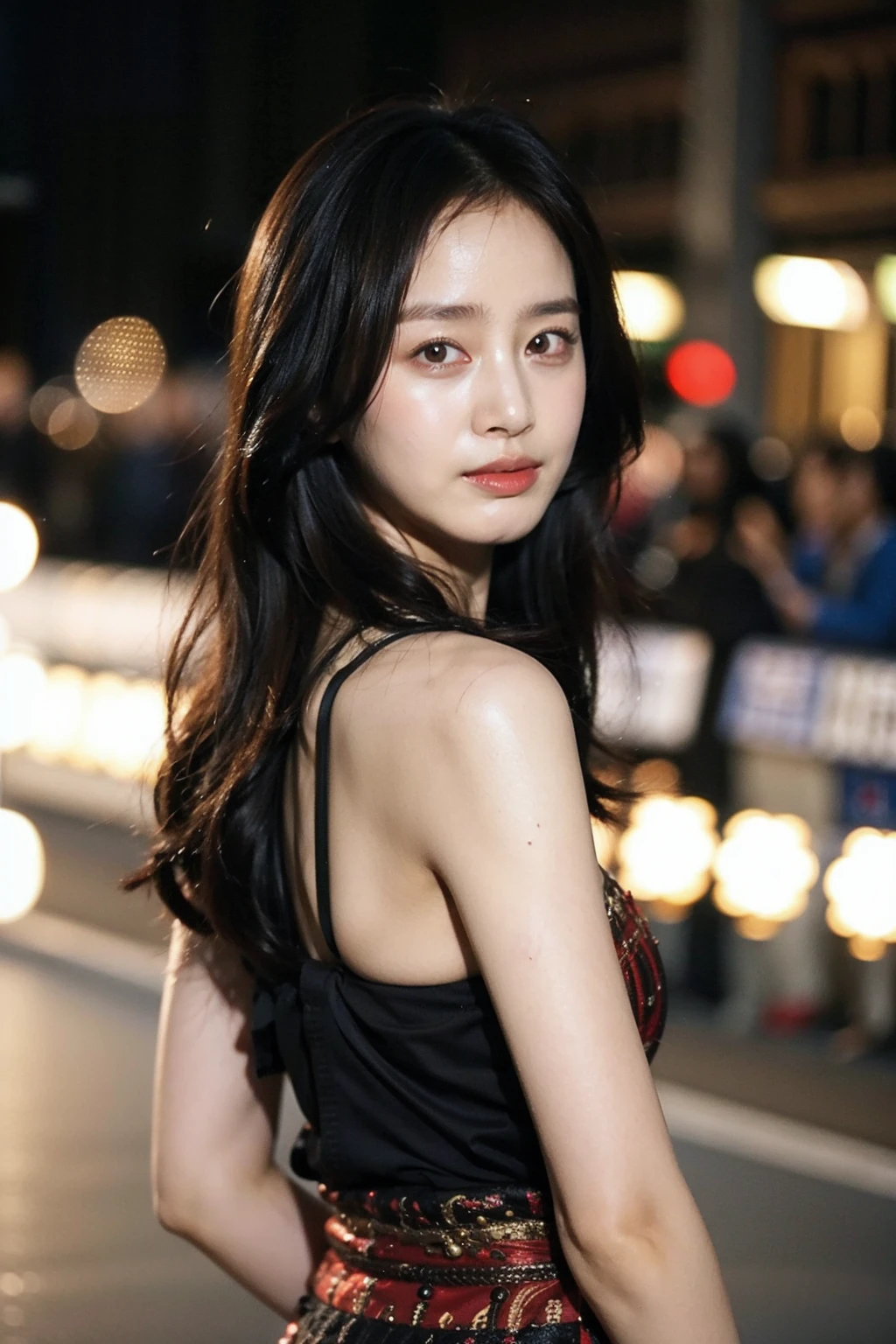 Best quality, masterpiece, ultra high res, (photorealistic), raw photo,1girl, skinny, upper body,solo, realistic, looking at viewer, long hair, bokeh background, city streets,brown eyes, bohemian dress, <lora:makina69_kimtaehee_v1.0:1>