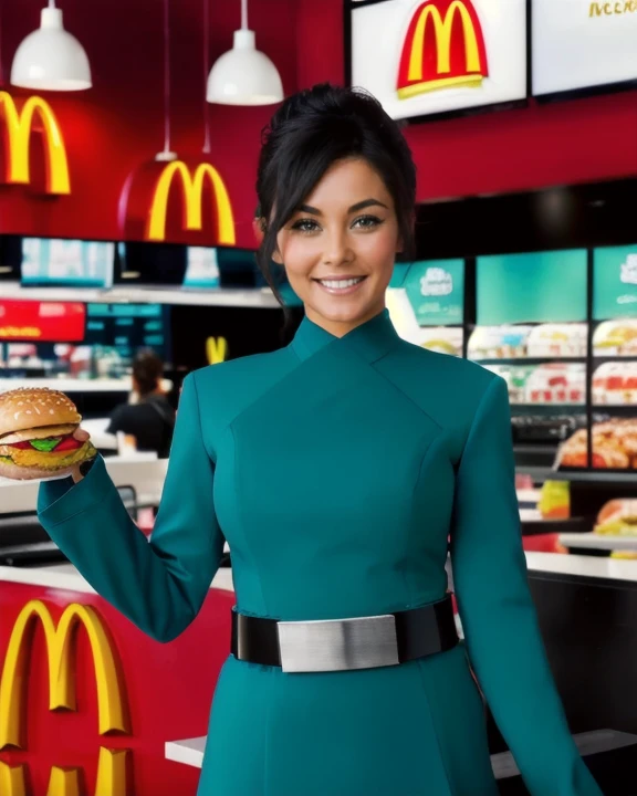 <lora:tealfirstorderuniform_lora:0.85>, tealfouniform, woman, (stunningly beautiful:1.2), updo hair, long sleeves, female fit, teal wrap tunic with collar, long sleeves, leather belt with plain silver buckle, (facing viewer:1.2), at mcdonald's, holding a cheeseburger, (mcdonald's restaurant interior background:1.2), indoors