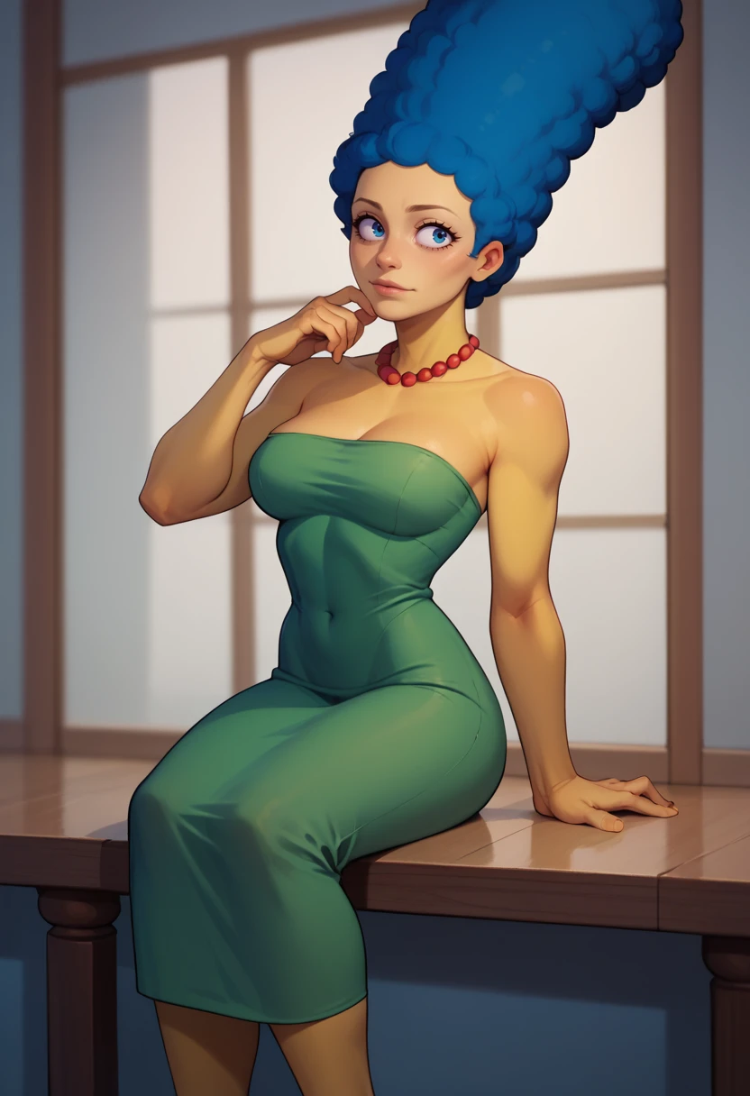 score_9, score_8_up, score_7_up, BREAK <lora:marsim-guy-PONYv1:1>, marsim, 1girl, solo, breasts, yellow skin, afro, green dress, strapless dress, pearl necklace, sitting,