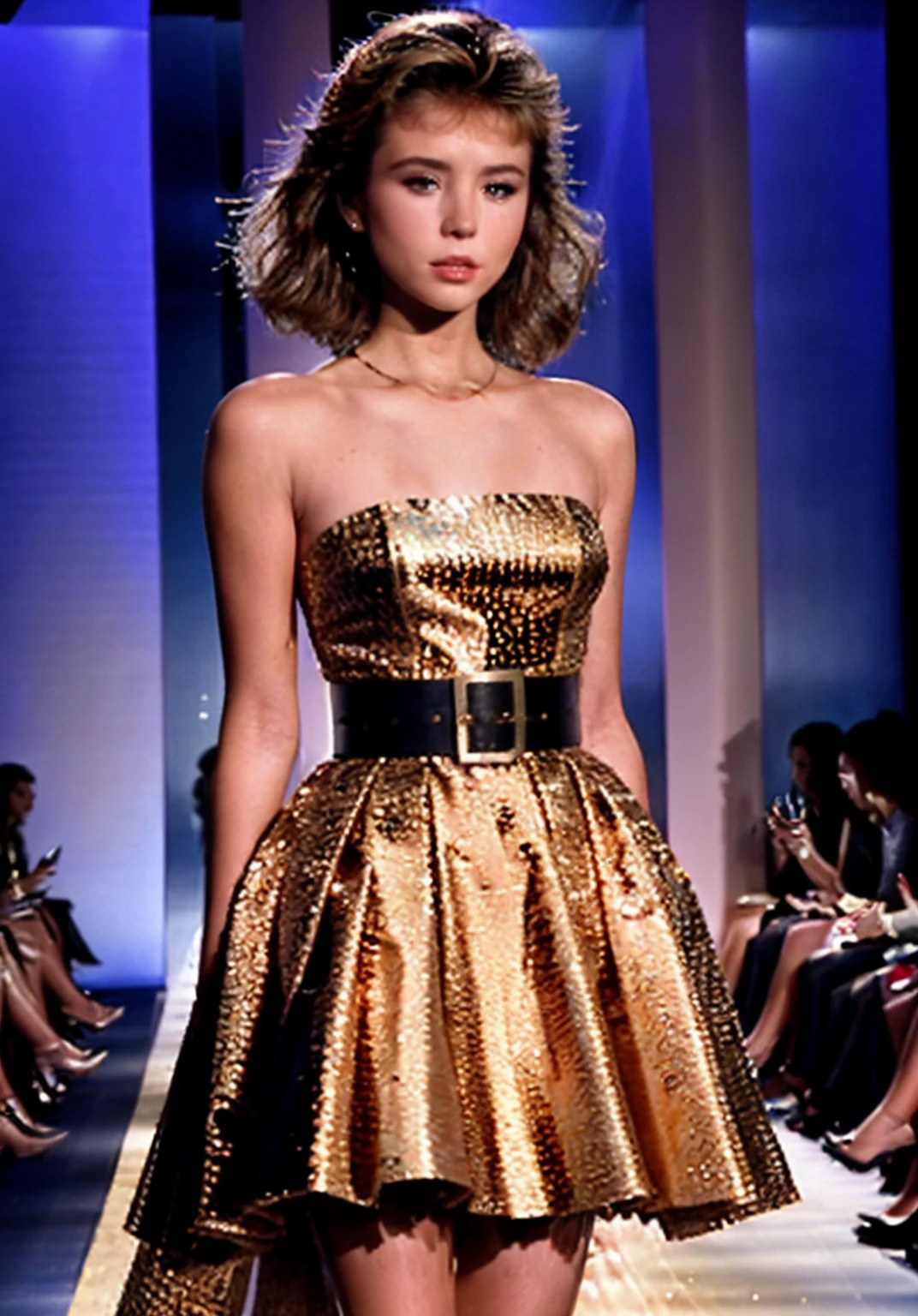 Masterpiece, best quality, alimoore123 standing at the end of a runway, fashion show in the background, closeup, stunning and elegant full length dress, high collar, sharp focus, highly detailed, 4k uhd, cinematic lighting, <lora:breastsizeslideroffset:-0.6>, <lora:alimoore123:1>,