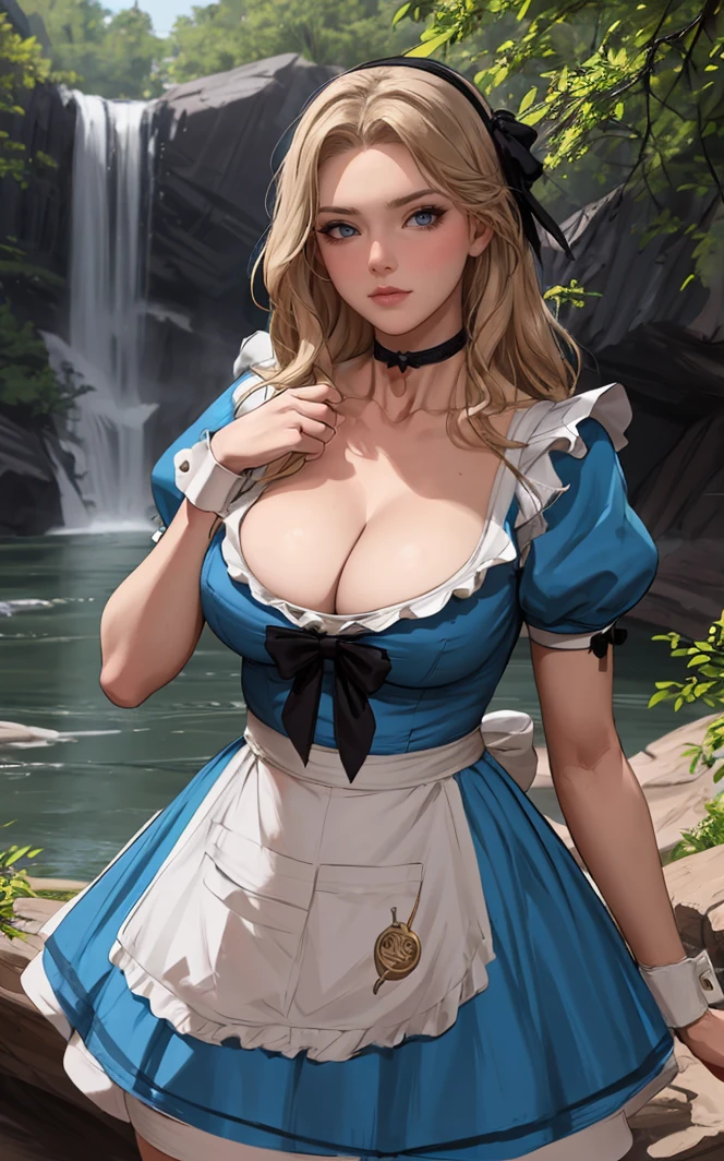 concept_chr_aliceinwonderland_ownwaifu, 
1girl, black choker, blonde hair, long hair, blue eyes, blue dress, alice (alice in wonderland), puffy short sleeves, puffy sleeves, cleavage, wrist cuffs, black bow, apron, large breasts, black hairband, thighs, white apron, watch,
<lora:CONCEPT_CHR_AliceInWonderland_ownwaifu:0.7> ,
((masterpiece)),((best quality)),(highres), bokeh, depth_of_field, day, tree shade, sunlight, scenery, rock, waterfall, looking at viewer, solo, cowboy shot,