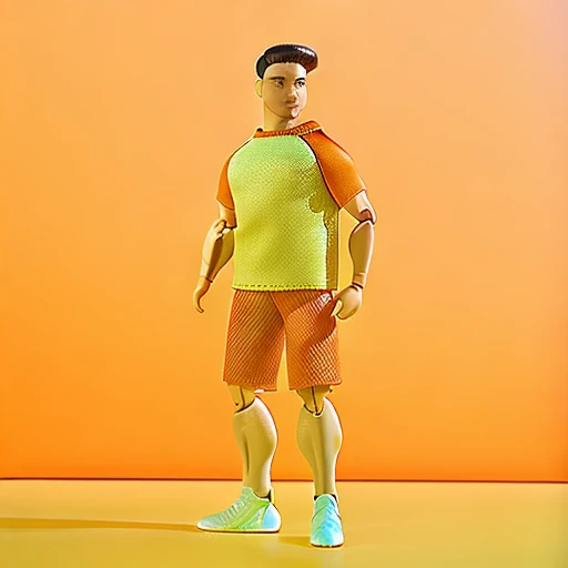 doll, male, blue shorts, man, light blue sneakers, mplasticdoll, Style1, brown hair, facial hair, brown eyes, pompadour hairstyle, orange and yellow raglan shirt, geometric background , orange and blue geometric background , full body, standing, muscular type body