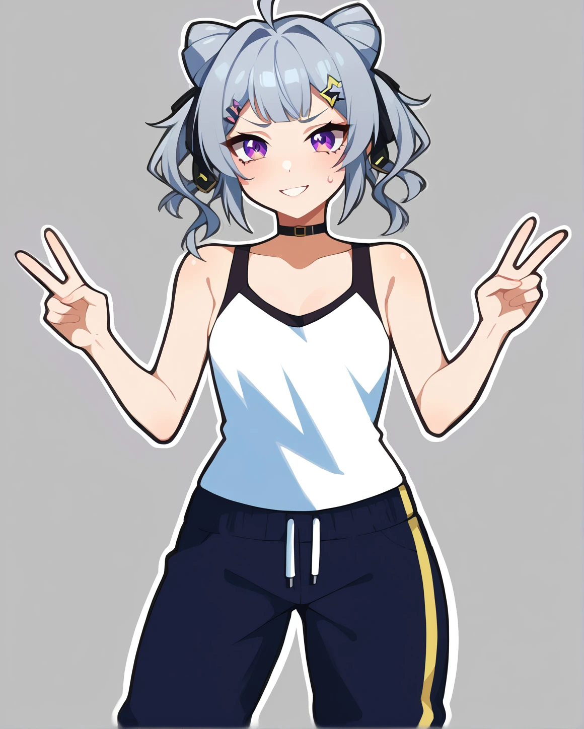 score_9, score_8_up, score_7_up, score_6_up, score_5_up, score_4_up, source_anime, (best quality, ultra detailed, absurdres, masterpiece:1.2), (ai-generated:0.6), color, (white outline:1.3), (grey background, simple background:1.3), <lora:zaionlanzaPonyXL:1>
BREAK
zaion, 1girl, hair ornament, twintails, grey hair, blue hair, purple eyes, ahoge, hairclip, hair bun, double bun, cone hair bun, double v, white tank top, sweatpants,