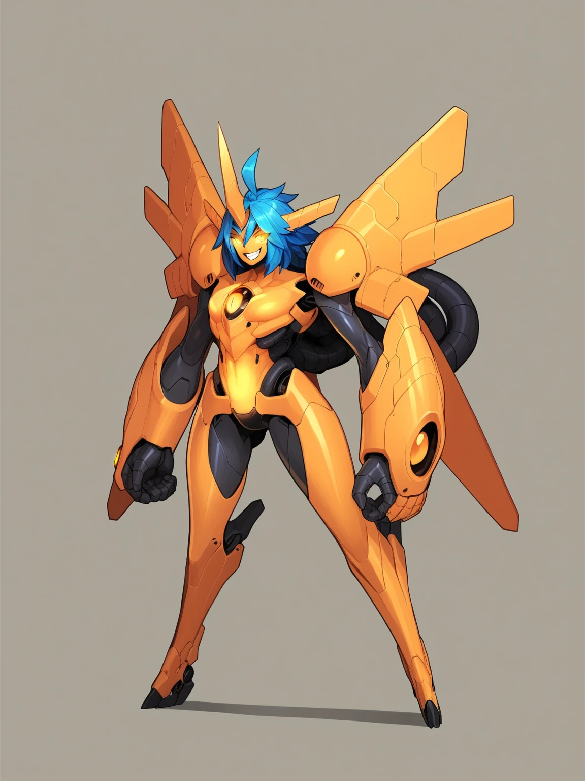 Score_9, score_8_up, score_7_up, score_6_up,  source_anime, 1girl, solo, full body,  BREAK, (queen_machina), glowing eyes, orange colored skin, blue hair, grin, BREAK, huge mechanical body, monster girl, harpy, joints, BREAK, wing arms, mecha backpack
