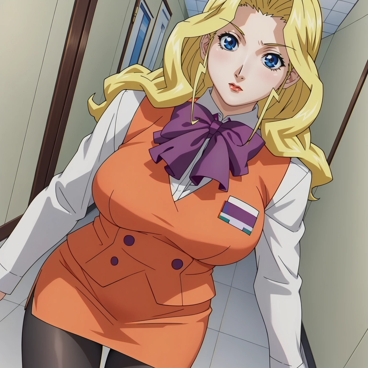 <lora:AliceNonoyamaXLpony001>,
solo,
AliceNonoyama,1girl,blonde hair,long hair,blue eyes,large breasts,
white shirt,long_sleeves,purple bowtie,orange vest,
orange pencil_skirt,
black pantyhose,